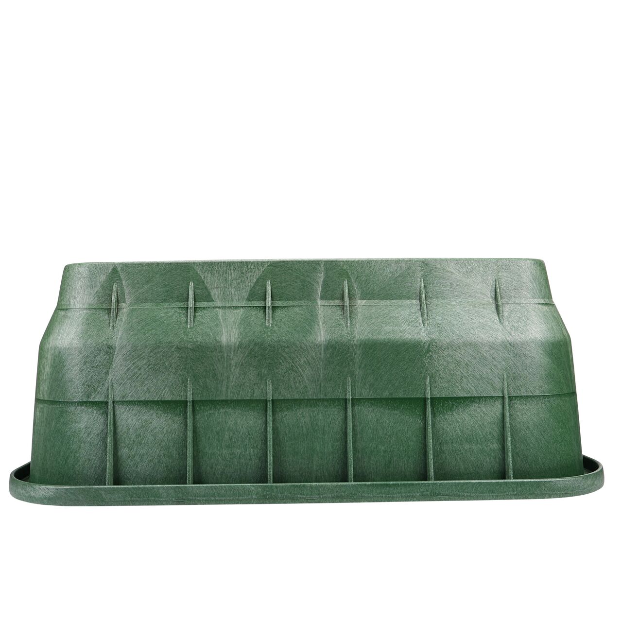 Side view of the longer side on the NDS Green plastic 17 in. X 30 in. Rectangular Pro-Spec® Series Valve Box (NDS 324B) showing durability through the reinforced ribs and edging