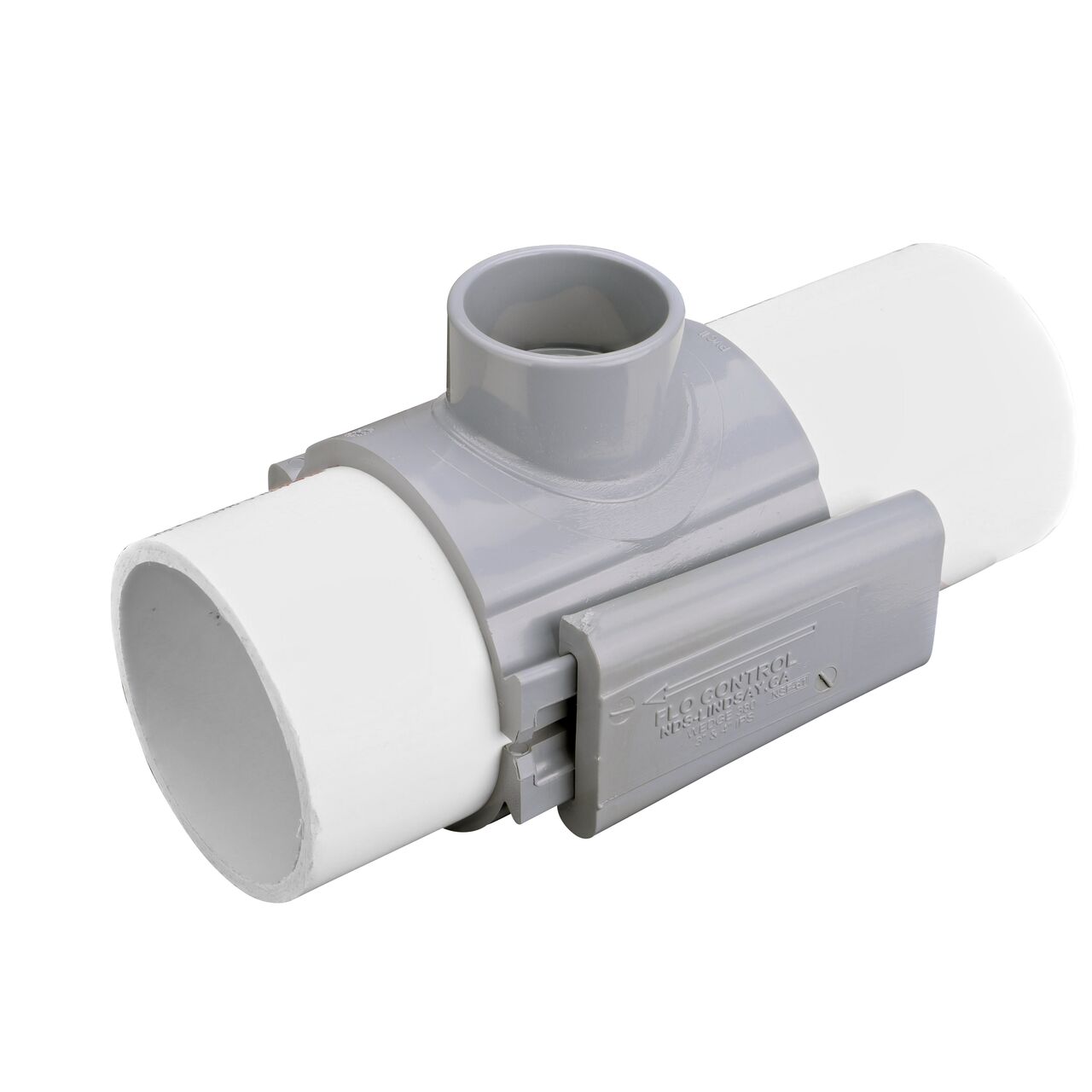 The NDS Clamp-It™ Rigid PVC Saddle with 2 in. slip connection on top (NDS 454020) installed onto 4 in. PVC pipe with the wedge closure fully secure