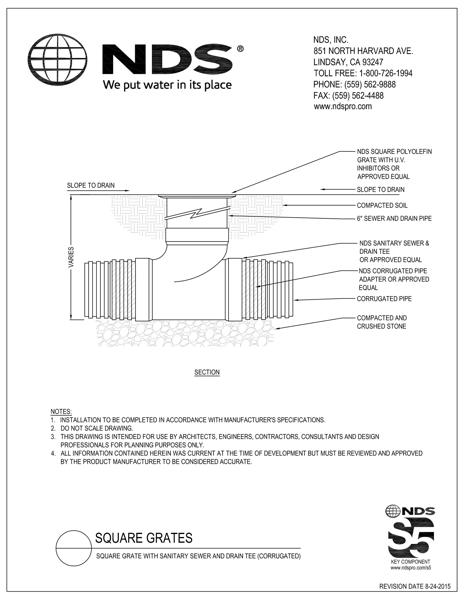 NDS Square Drainage Grates with Sanitary S&D Tee to Corrugated Pipe Installation Detail