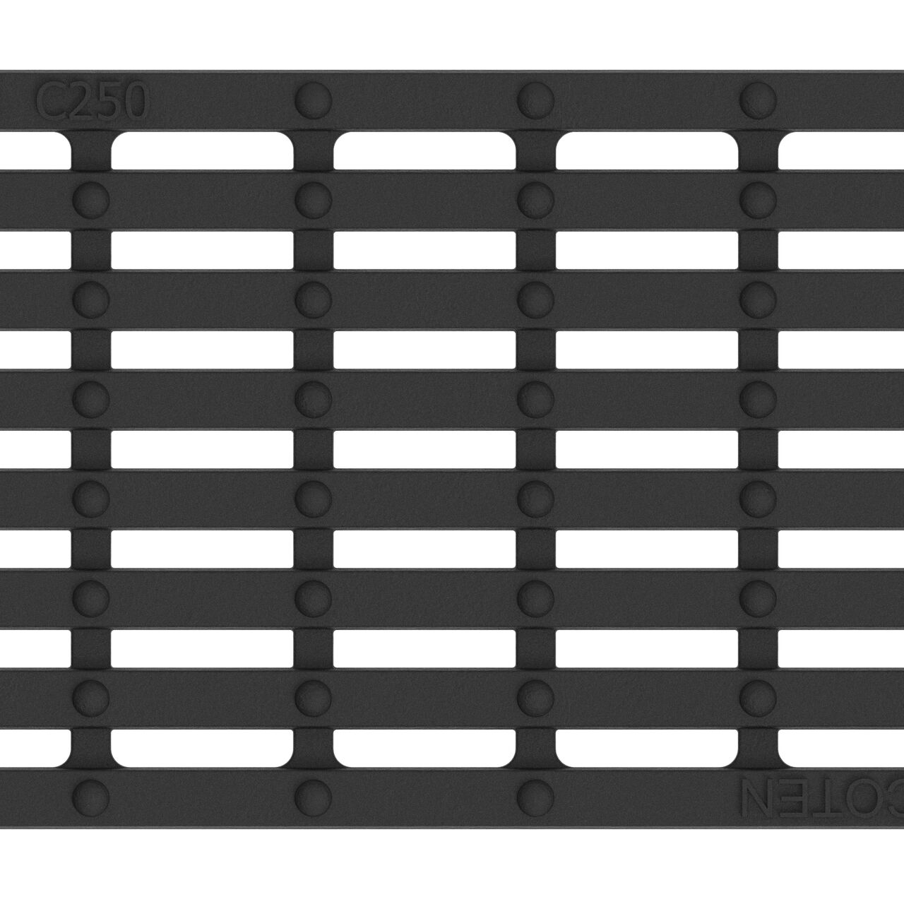 Top down partial closeup view of class C bar design ductile iron BG-FILCOTEN® 100 Trench Drain Grate (NDS 17010106)