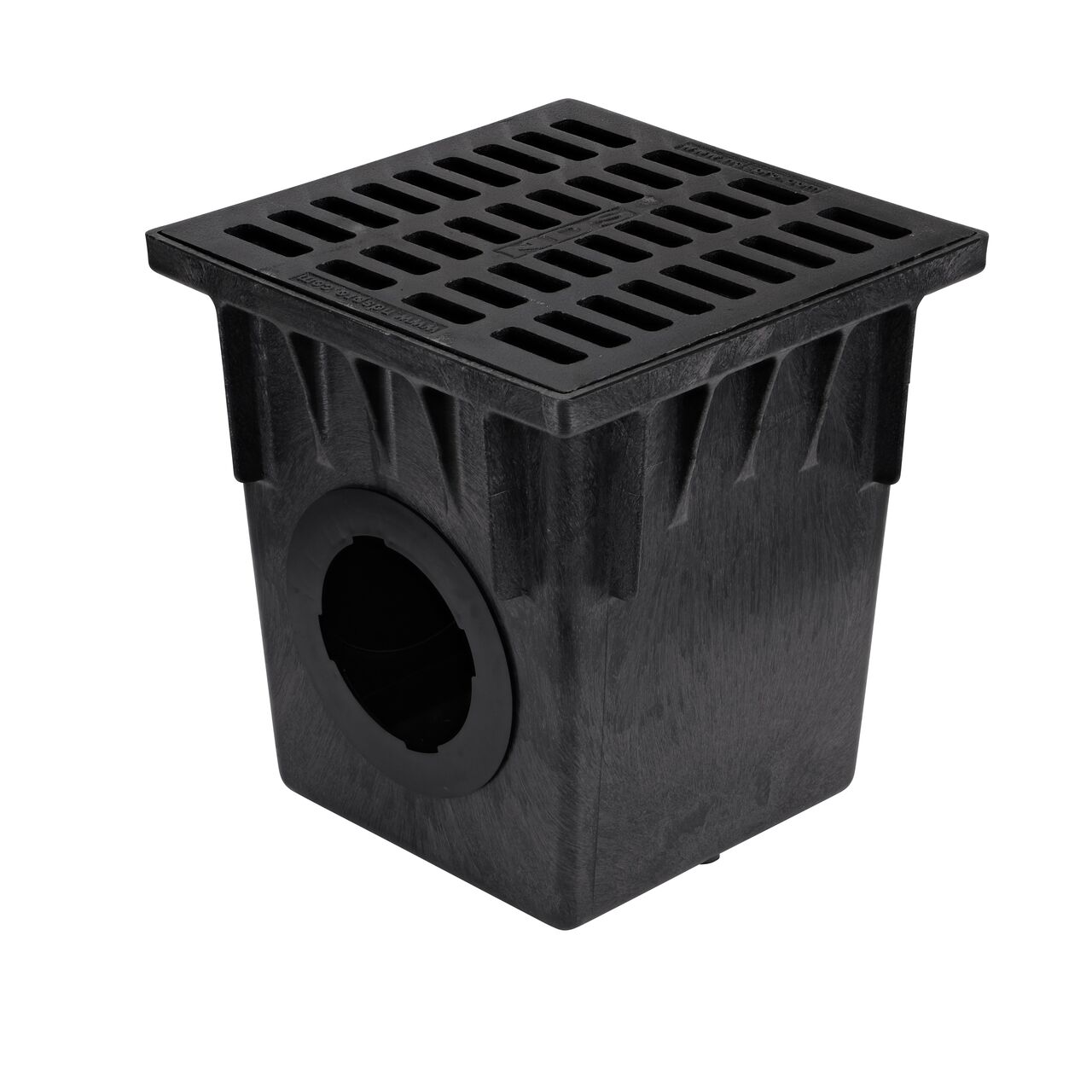 Alternate shot of 18 in. Square Catch Basin Drain Grate, Cast Iron (NDS 1813) sitting on a NDS 18 in. Square Catch Basin (NDS 1882)