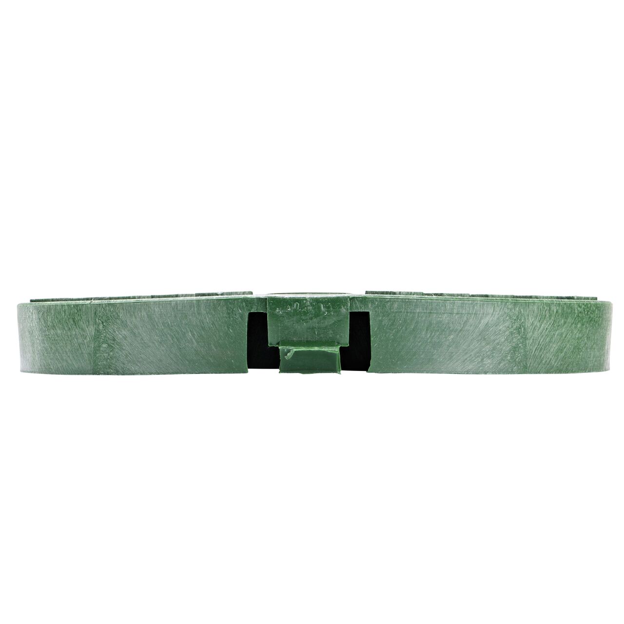 The NDS 8 in. X 12 in. Oval Standard Series Green Control Valve Valve Box Cover (NDS M2-SG-LID) is a drop-in lid shown here from the side, that prevents dirt and debris from entering the valve box