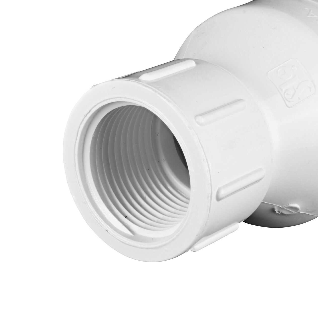 Closeup of the threaded end of the NDS White 1 in. IPS FPT X FPT PVC Adjustable Spring Check Valve with 4-1/8-17 lb. Spring (NDS 1205-10)