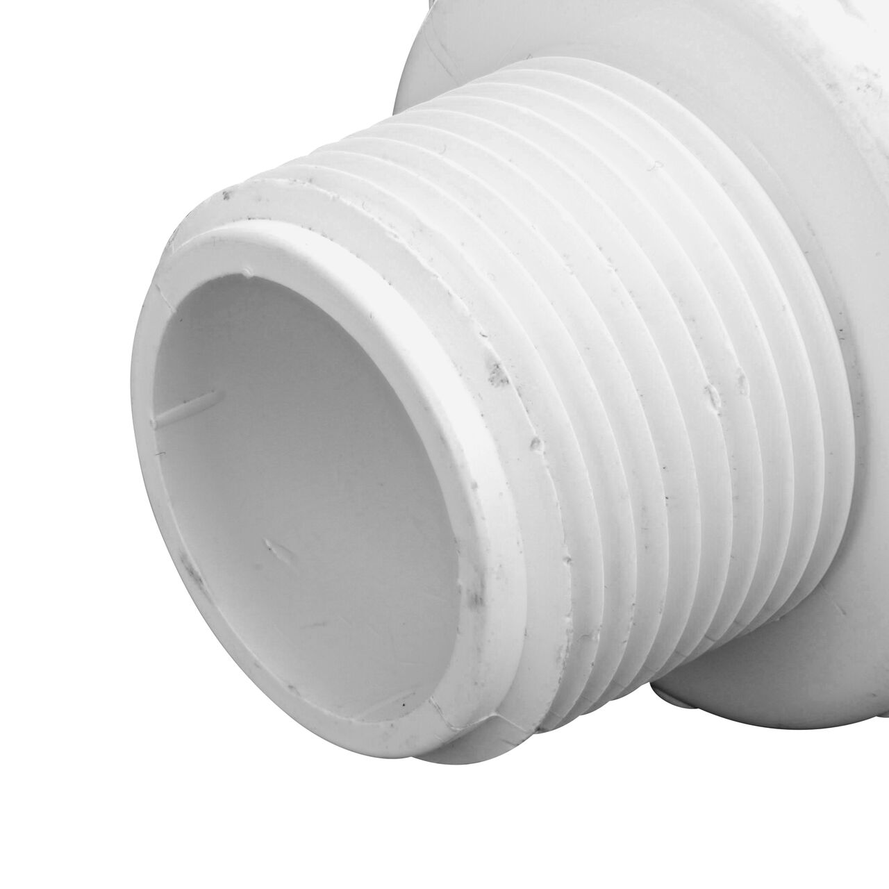 Closeup of the Threaded PVC SIDR-7 MPT connection end on the NDS 1 in. Flo Lock Gripper Adapter for PE Pipe (NDS 830-10)
