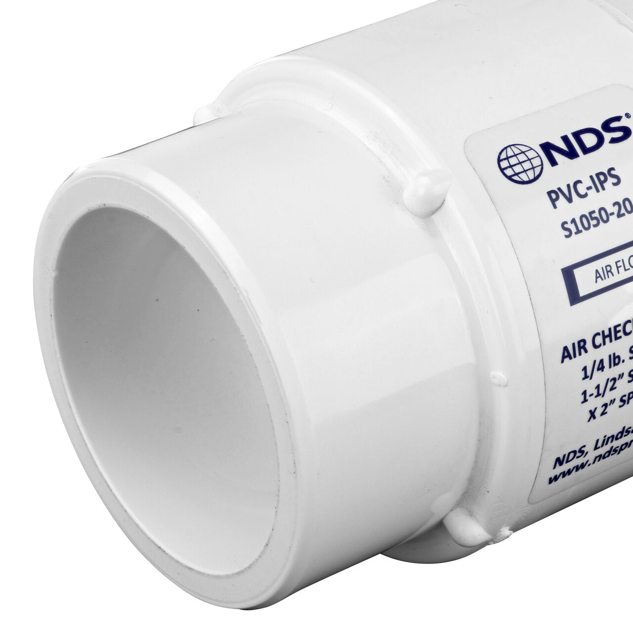 Closeup of the leak resistant inlet of the NDS White 1-1/2 in. IPS S x 2 in. Spigot PVC Air Check Valve (NDS S1050-20) which connects to 1-1/2 inch pipe