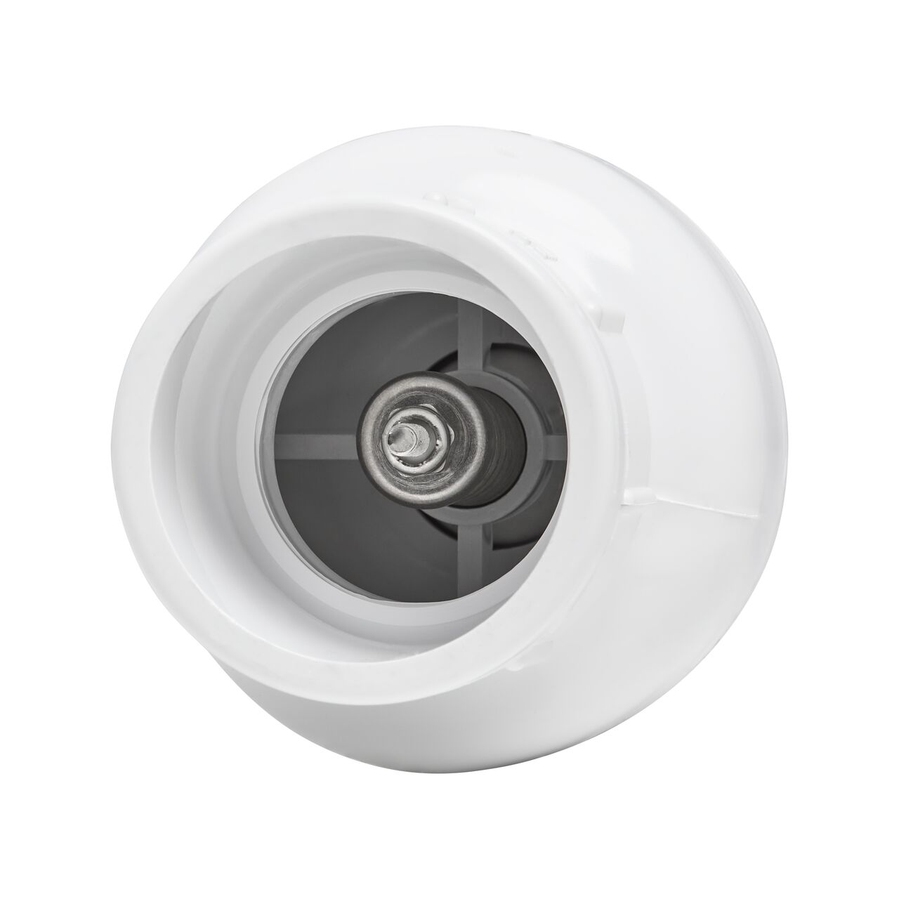 Angled view of the slip end on the NDS White 1-1/2 in. IPS Slip by Slip end PVC Adjustable Spring Check Valve with 30 lb. Spring (NDS 1228V15)