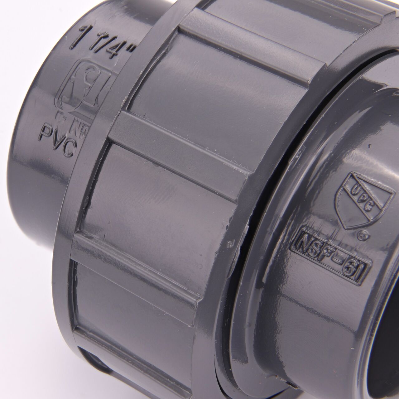 Close up view of the NDS 1-1/4 in. PVC Union showing NDS brand a leader in flow management solutions and the preferred choice of professionals since 1972 mark (NDS U-1250-S)