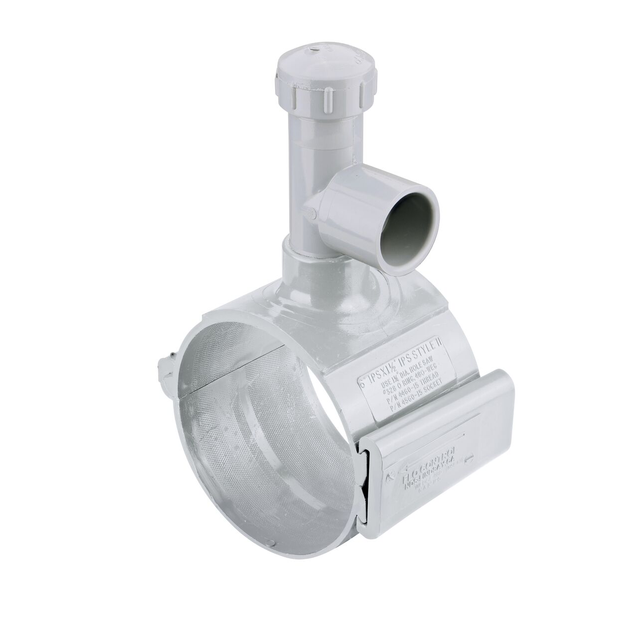The 6 in. NDS Flo-Tap™ Rigid PVC Saddle with 1-1/2 in. socket or 2 in. spigot connection on top (NDS 3260) has a patented wedge design to add a branch connection to existing pipe without any bolts
