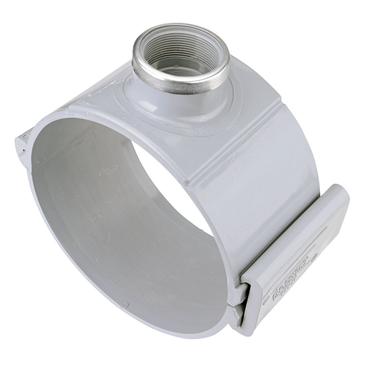 The 2 in. FPT outlet at the top of the NDS Clamp-It™ Rigid PVC Saddle (NDS 448020) for 8 in. PVC pipe adds a riser or sprinkler to an existing pipeline for agricultural or mining applications