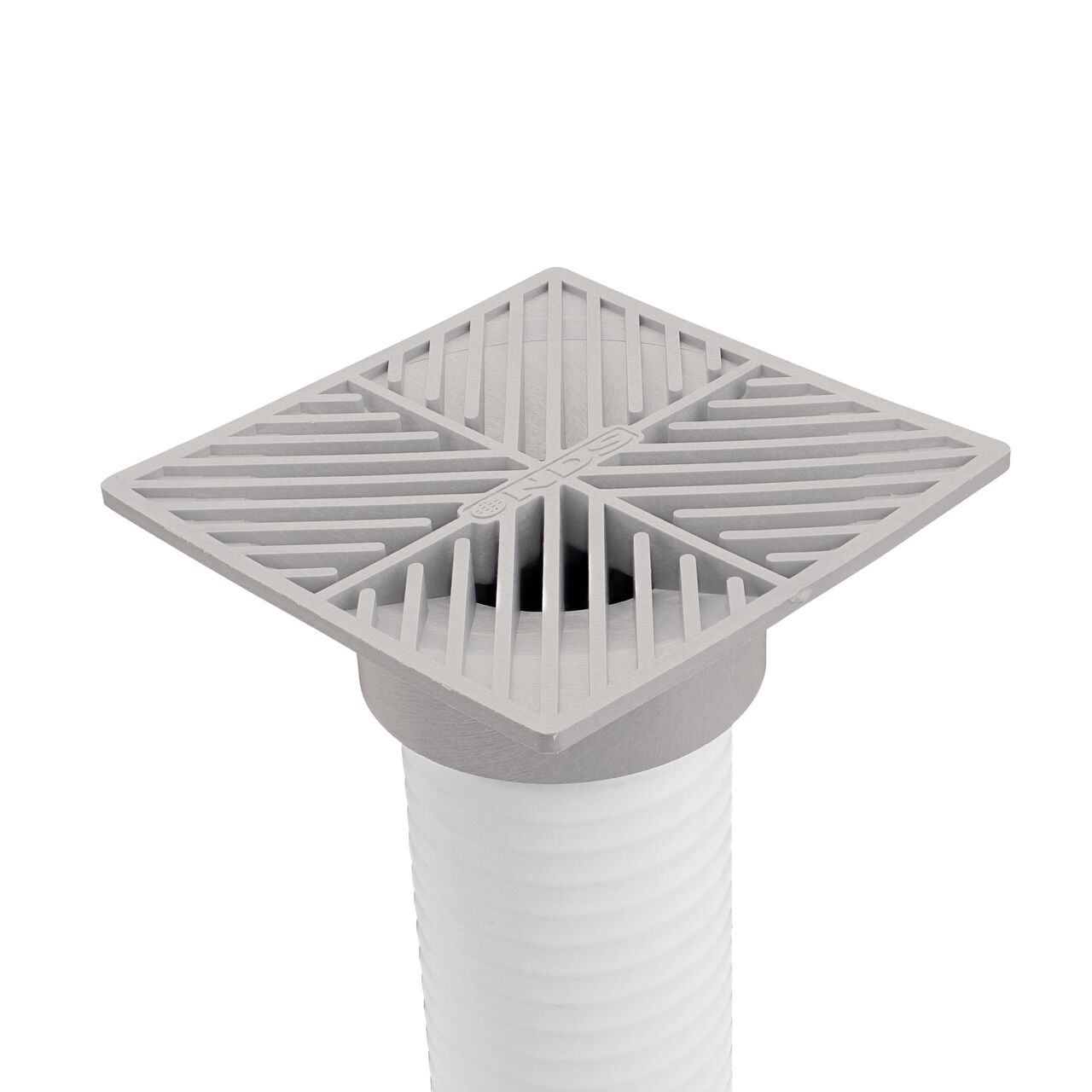 NDS gray plastic 6 in. Square Grate Fits 3 & 4 in. Draing Pipes and Fittings installed on 3 in. Triple Wall Pipe (NDS 6)