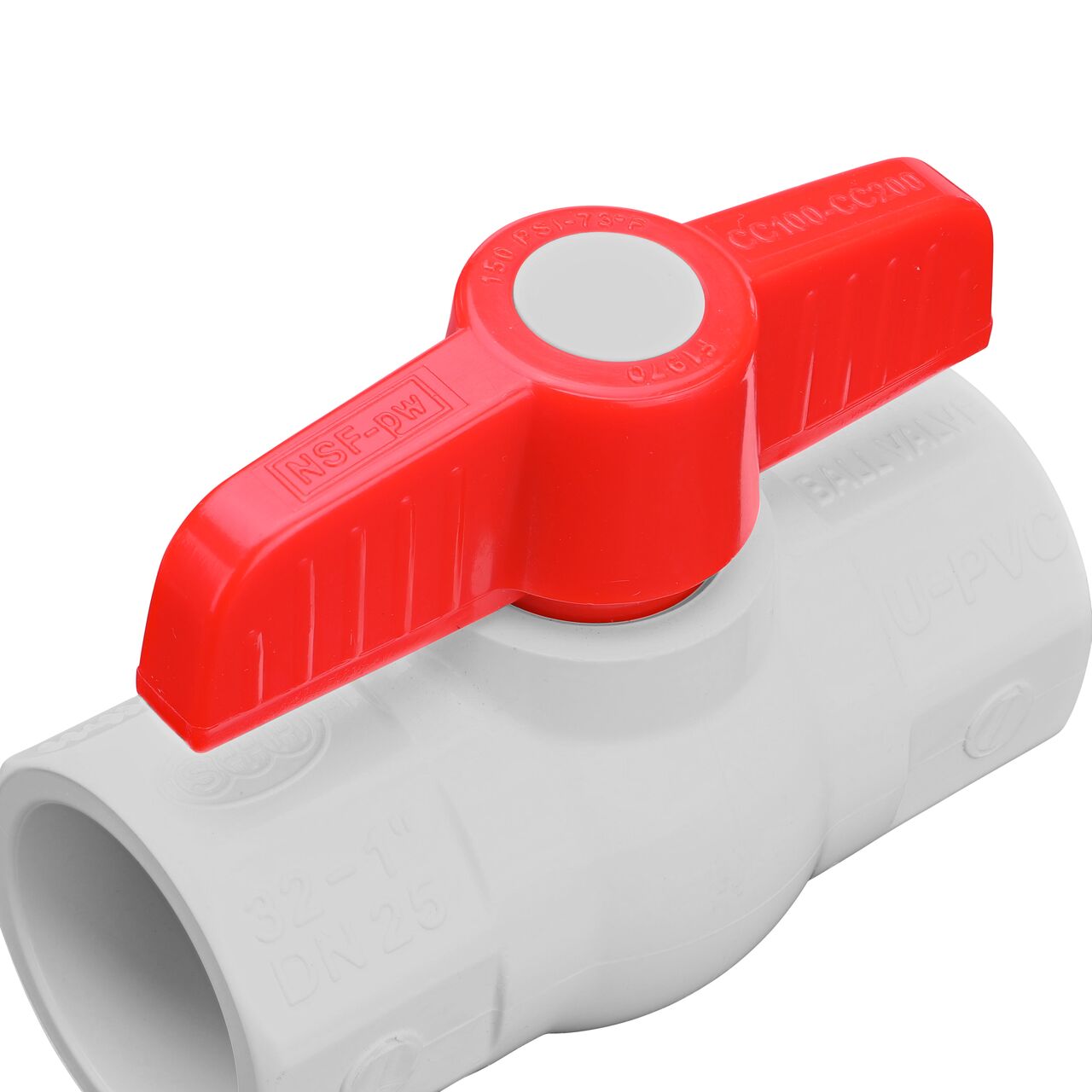 Closeup of the NDS IPS Ball Valve showing the handle that rotates two ways to control water flow (NDS E1410-10)
