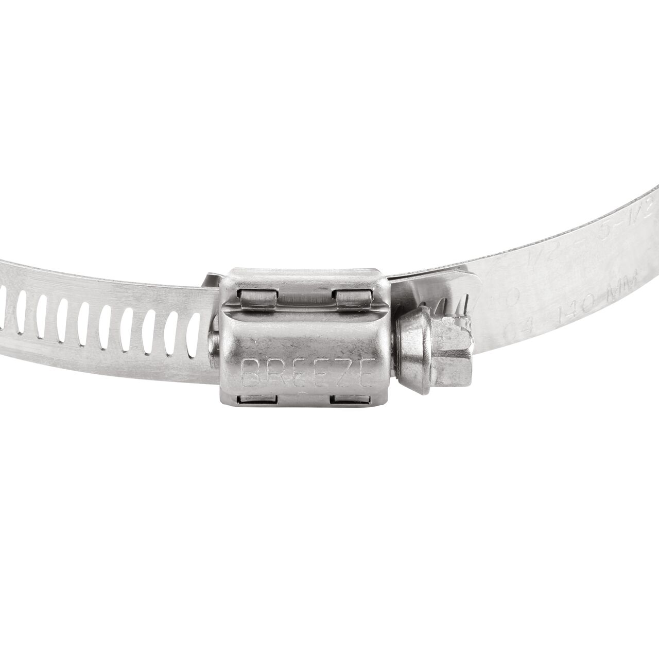 Closeup view of the two-piece clamp housing made of Series 300 Stainless Steel on the NDS SAE 80 Worm Drive Hose Clamp with Aero Seal 1/2 in. band width (NDS 64080H)