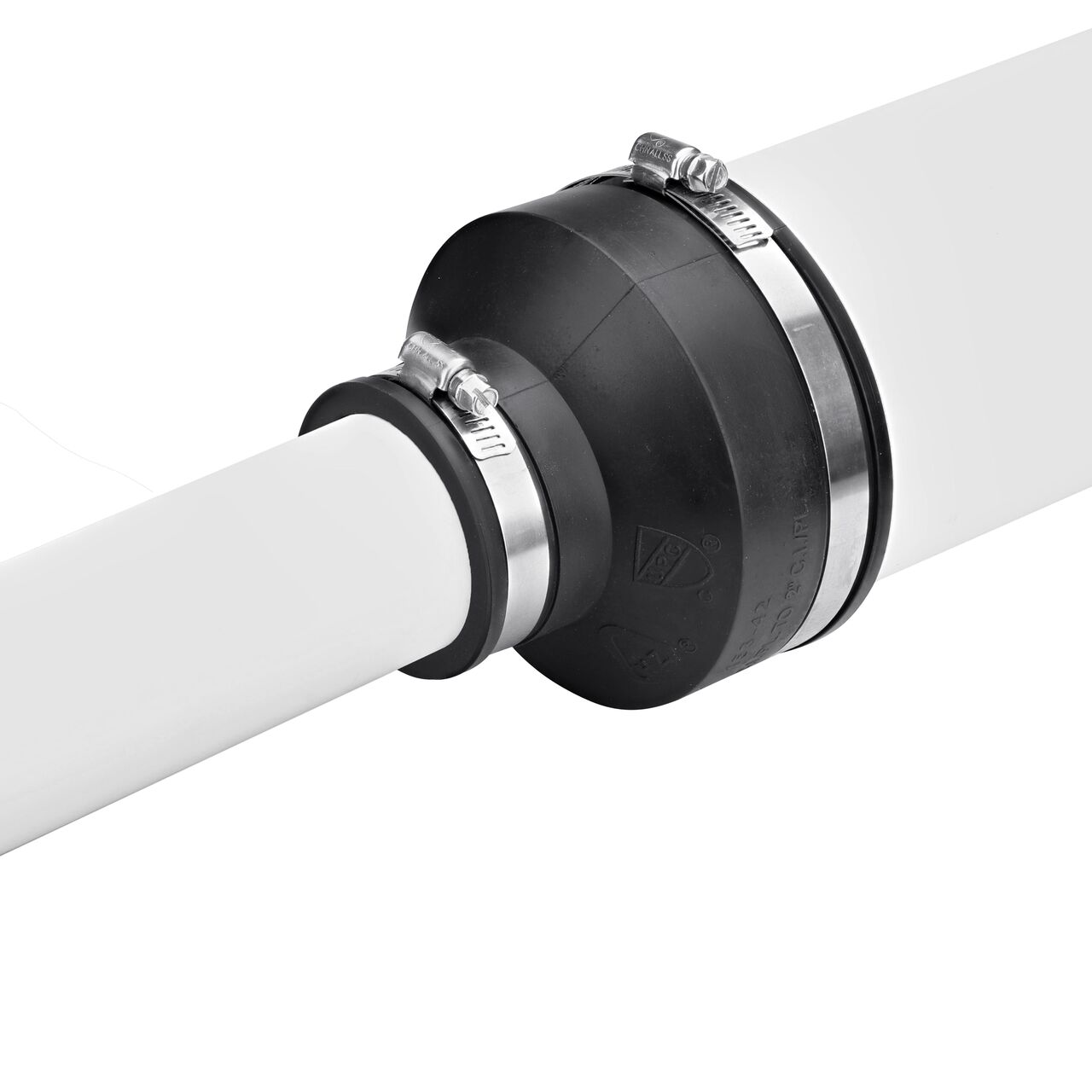 The NDS 4 in. X 2 in. flex coupling installation step shows how to tighten the band to form a positive seal against infiltration and exfiltration in non-pressure environments (NDS 56-42)