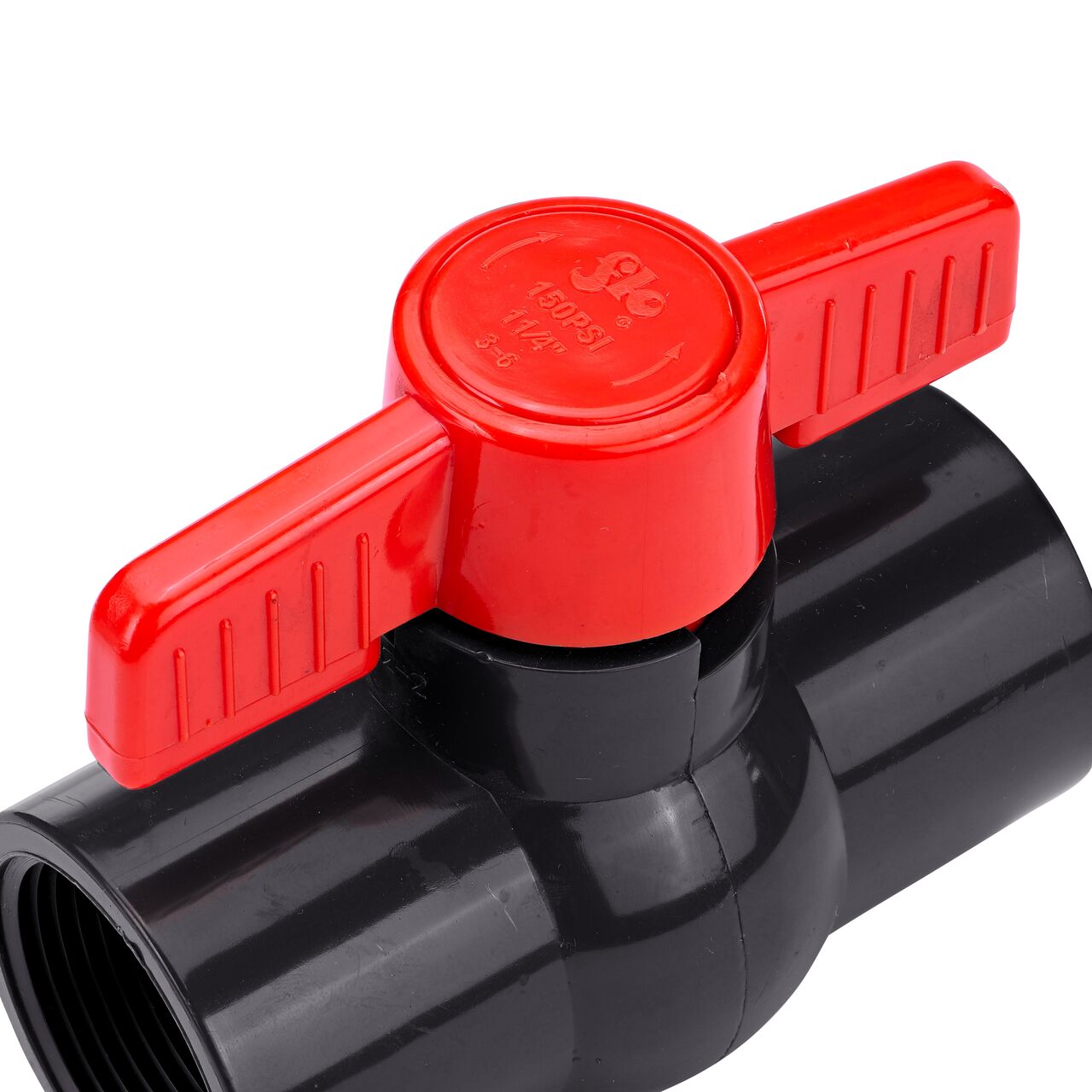 Closeup of the NDS IPS Ball Valve showing the handle that rotates two ways to control water flow (NDS E1620-12)