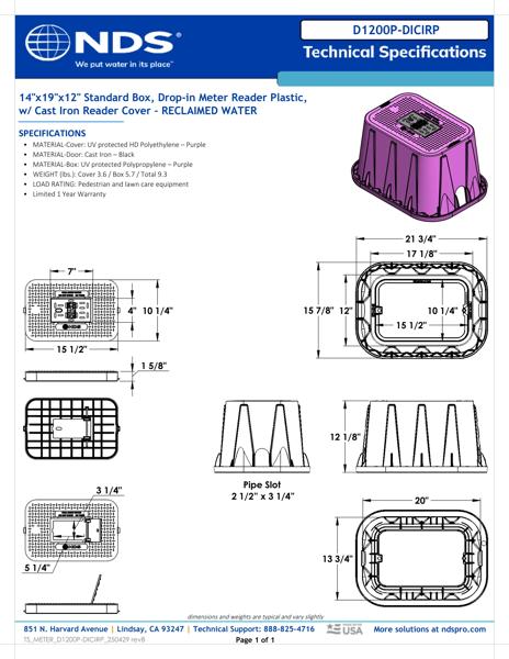 NDS 14 in. X 19 in. Rectangular D1200 Meter Box and Drop-in Cover, 12 in. Height, Purple Box, Purple Reclaimed Water Meter Cover with Cast Iron Reader Tech Spec