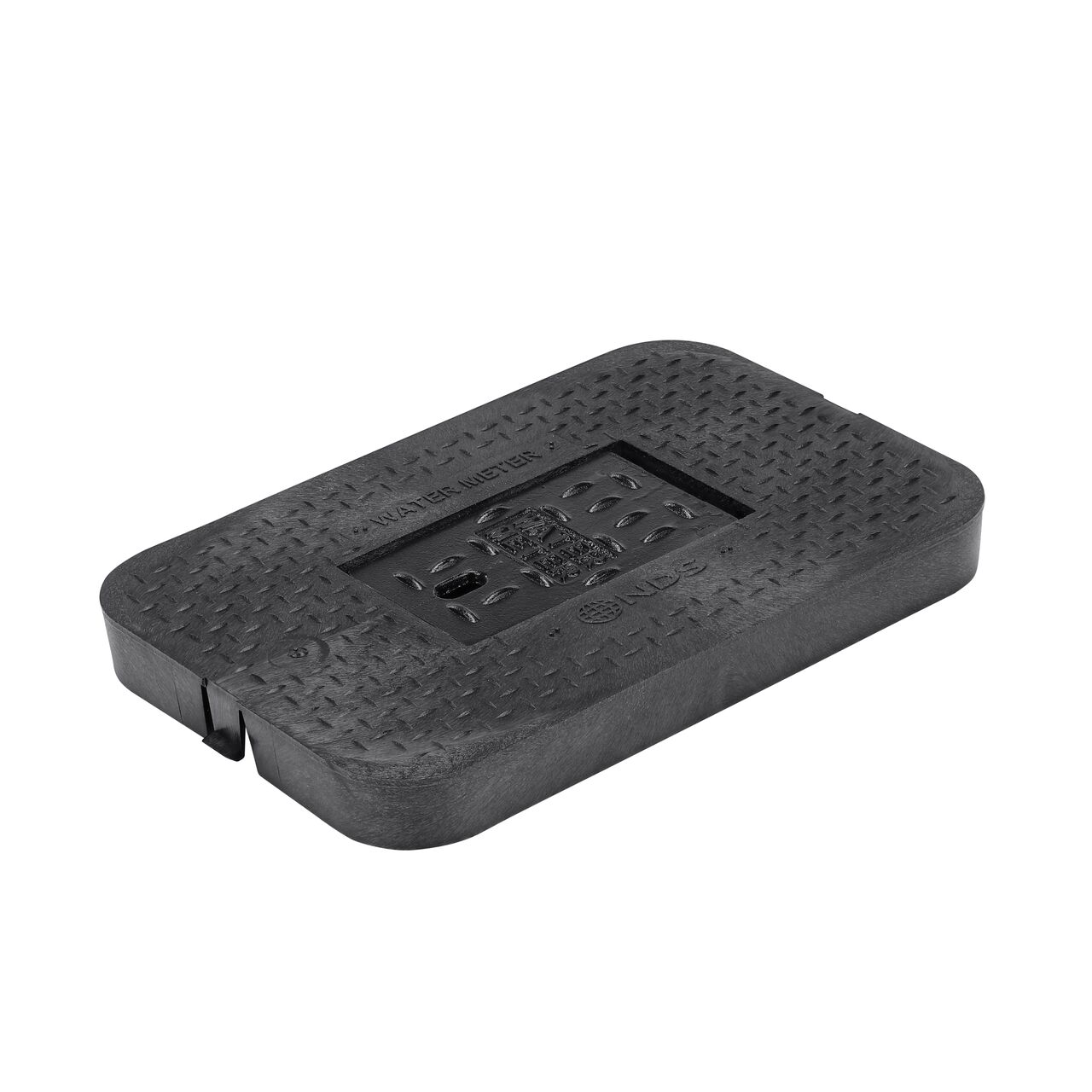 This NDS 14 in. X 19 in. Rectangular Standard Series Meter Box Cover is a Black Drop-in Cover with Water Meter markings on the lid (NDS D1200-DICIRLID) with a Cast Iron reader door and fits NDS standard series 14 in. X 19 in. meter boxes