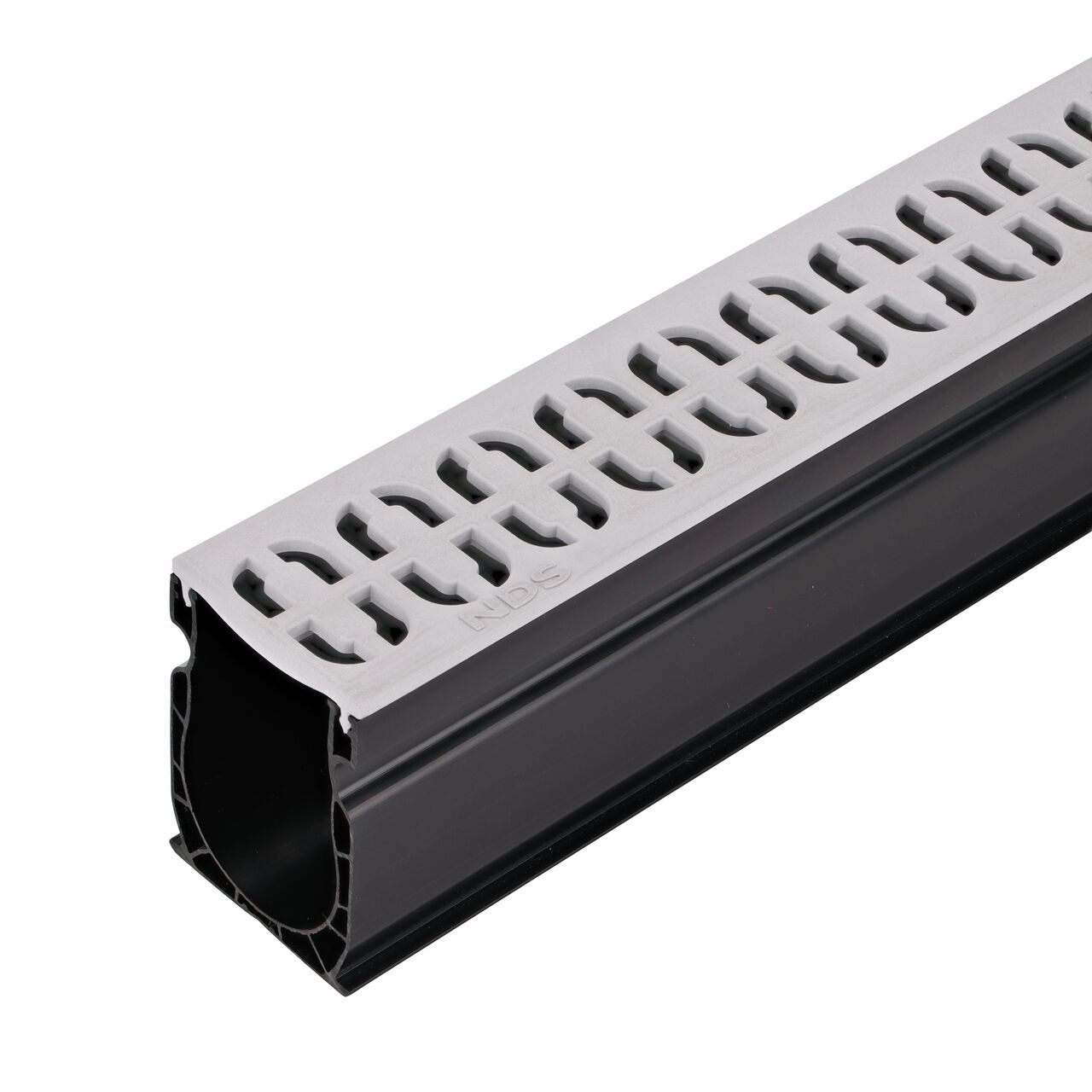 Closeup end of the Slim Channel™ Gray Decorative Chain Design Drain Grate (NDS 9263) installed on a Slim Channel™ Drain