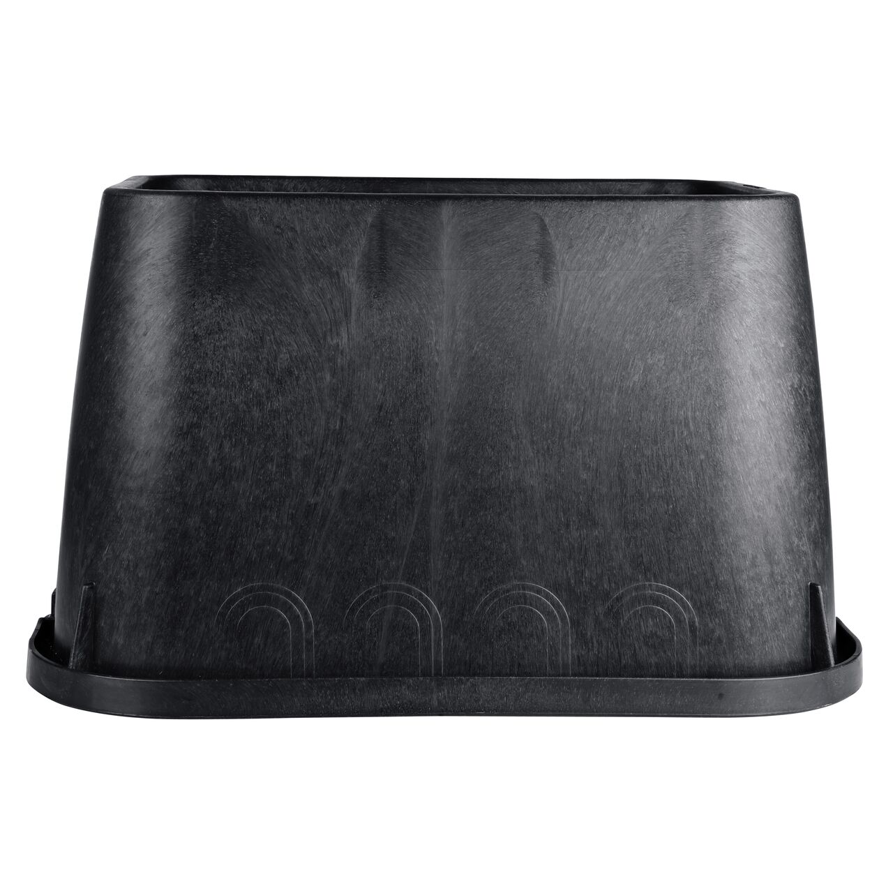 Side view of the non-pipe hole side on the NDS 14 x 19 in. Square Black Box (NDS 113B) showing durability through the reinforced ribs and edging