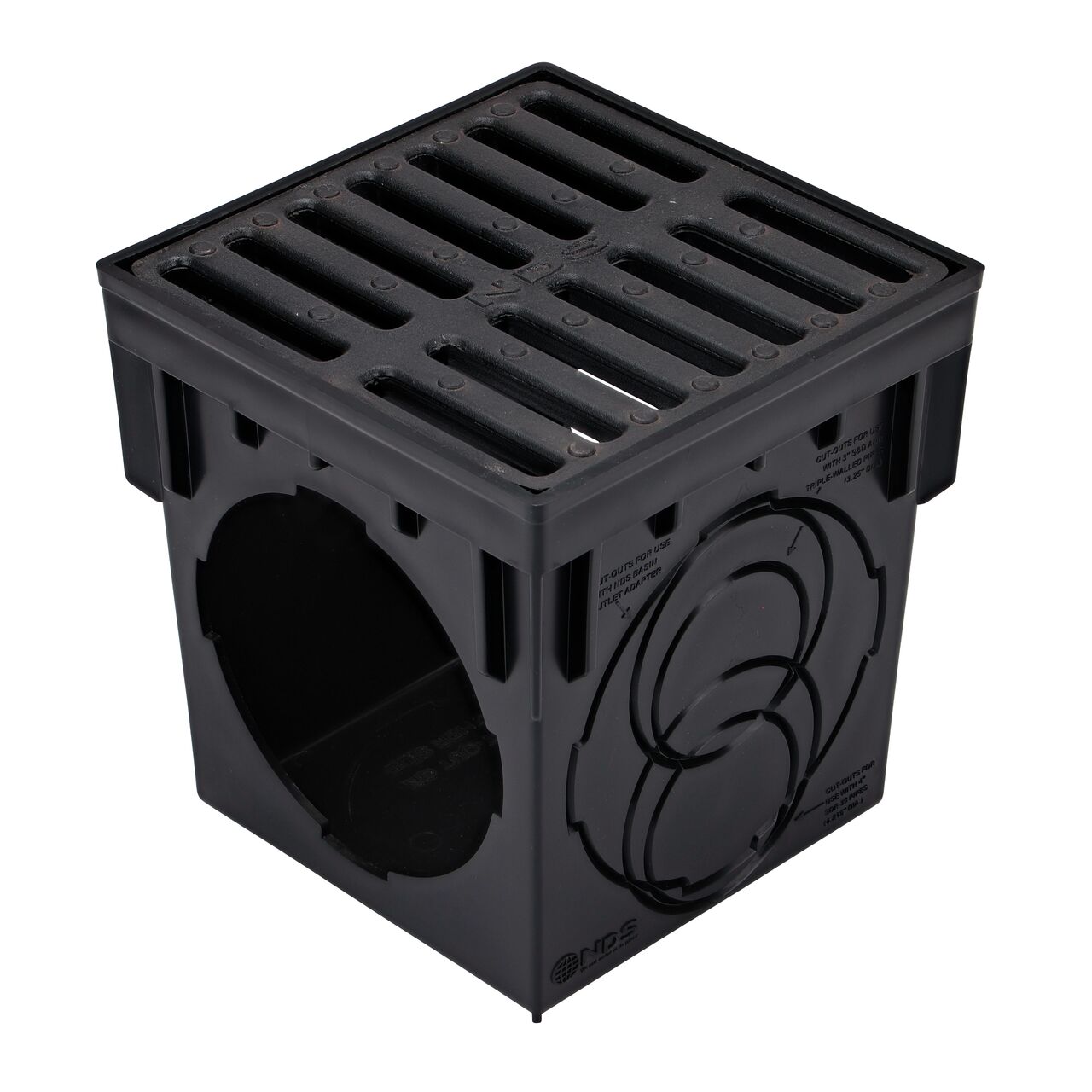 9 in. Ductile Iron Metal Grate (NDS 913) installed on a black plastic 9 in. Catch Basin Drain with 2 Openings (NDS 900)