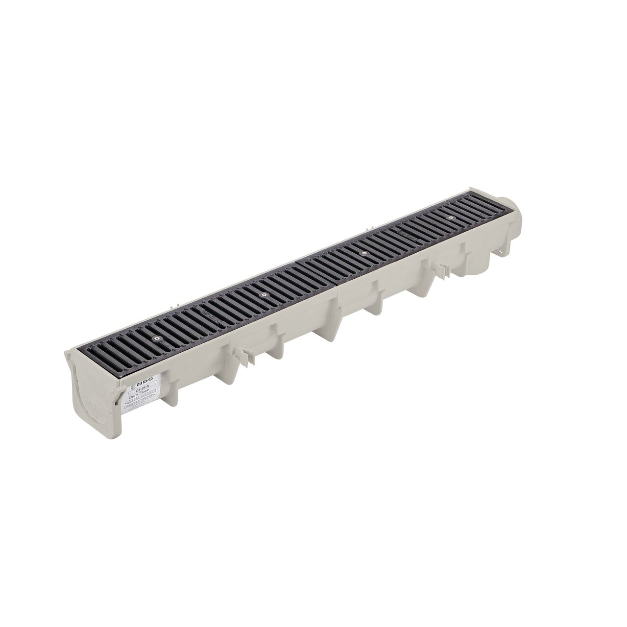 The NDS Neutral Dura Slope Channel Drain Kit fully assembled with the universal end cap screwed on and facing the camera (NDS DS-091NDIKIT) with the label attached to the drain