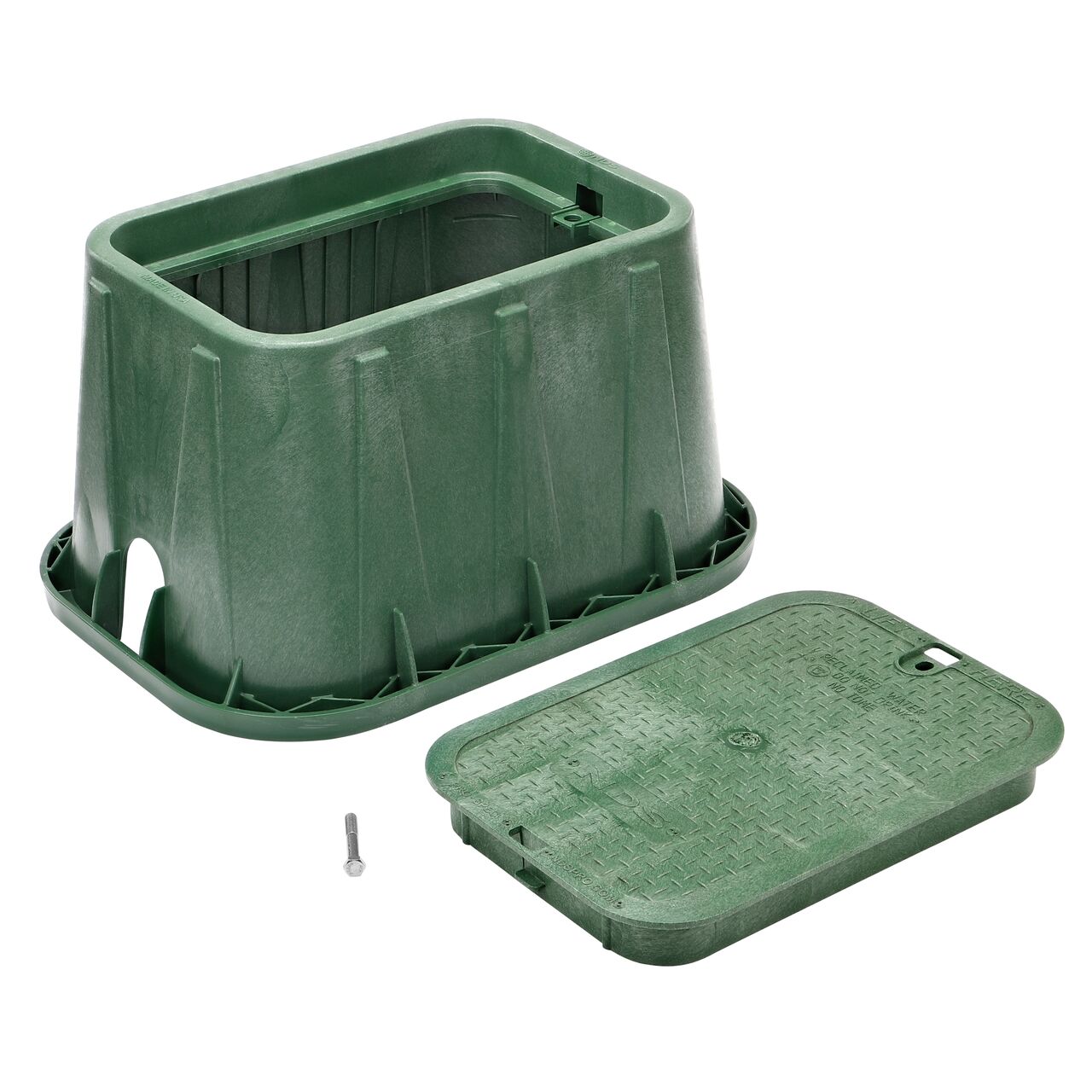 Unassembled View of the NDS 14 in. X 19 in. Green Rectangular Pro-Spec® Series valve box, bolt, and Green Reclaimed Water Bolt Down cover (NDS 314BCBRG) with universal locking mechanism enabling a variety of bolts and screws to be used to secure the covers.
