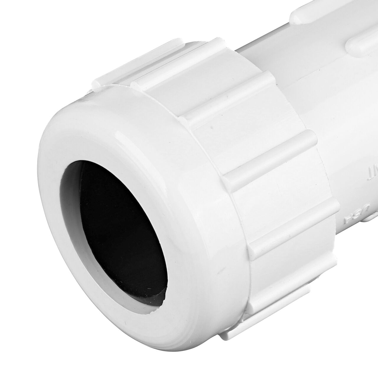 Closeup view of the NDS CTS UC Compression Coupling showing the 1 in. compression end with adjustable nut secured which reduces pull-out from pipe (NDS CCC-1000)