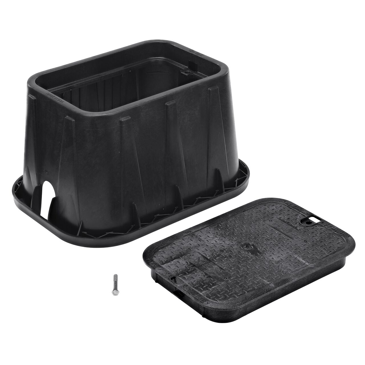 Unassembled View of the NDS 14 in. X 19 in. Black Rectangular Pro-Spec® Series valve box, bolt, and Black Water overlapping cover (NDS 313BCBWBLK) with universal locking mechanism enabling a variety of bolts and screws to be used to secure the covers.