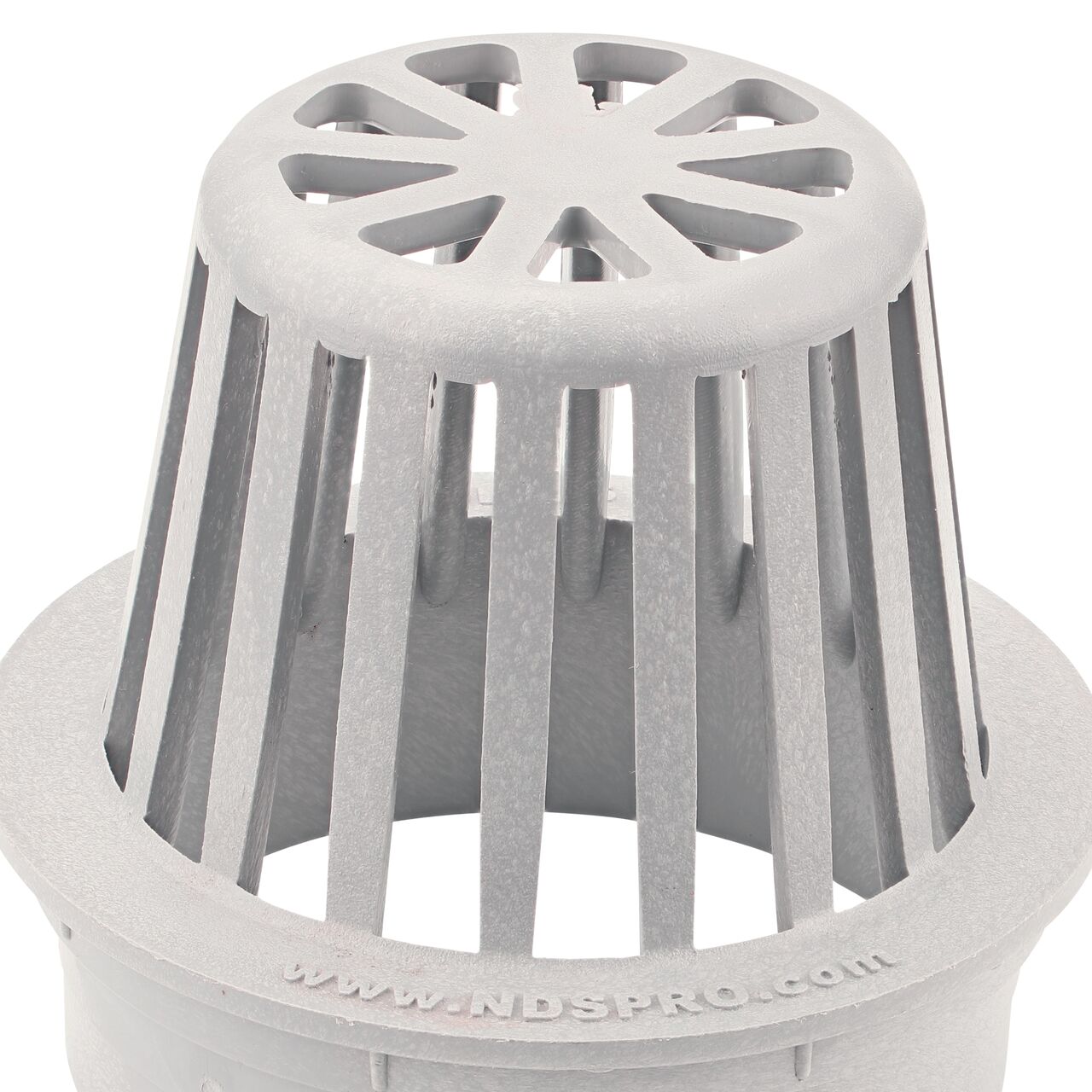 Closeup of the grate pattern of the NDS Gray Plastic 4 in. Atrum Grate (NDS 76)
