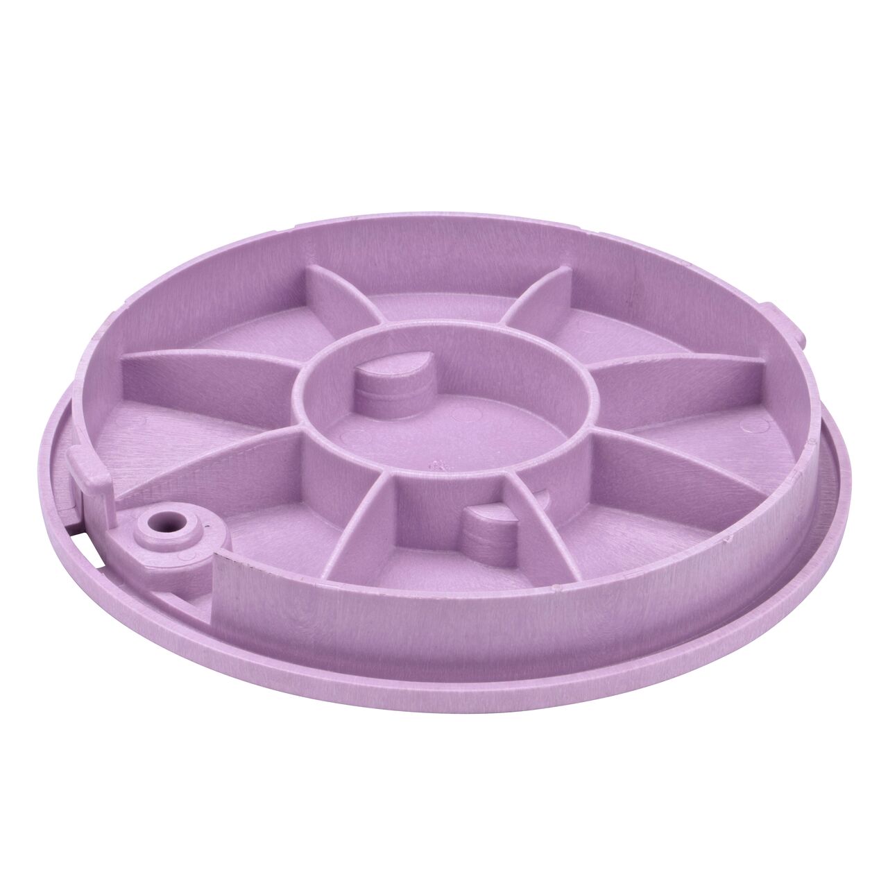 Bottom view of the reinforced ribs on the NDS 10 in. purple reclaimed water cover (NDS 111CR) that fit the NDS 10 in. Standard Series Valve Box