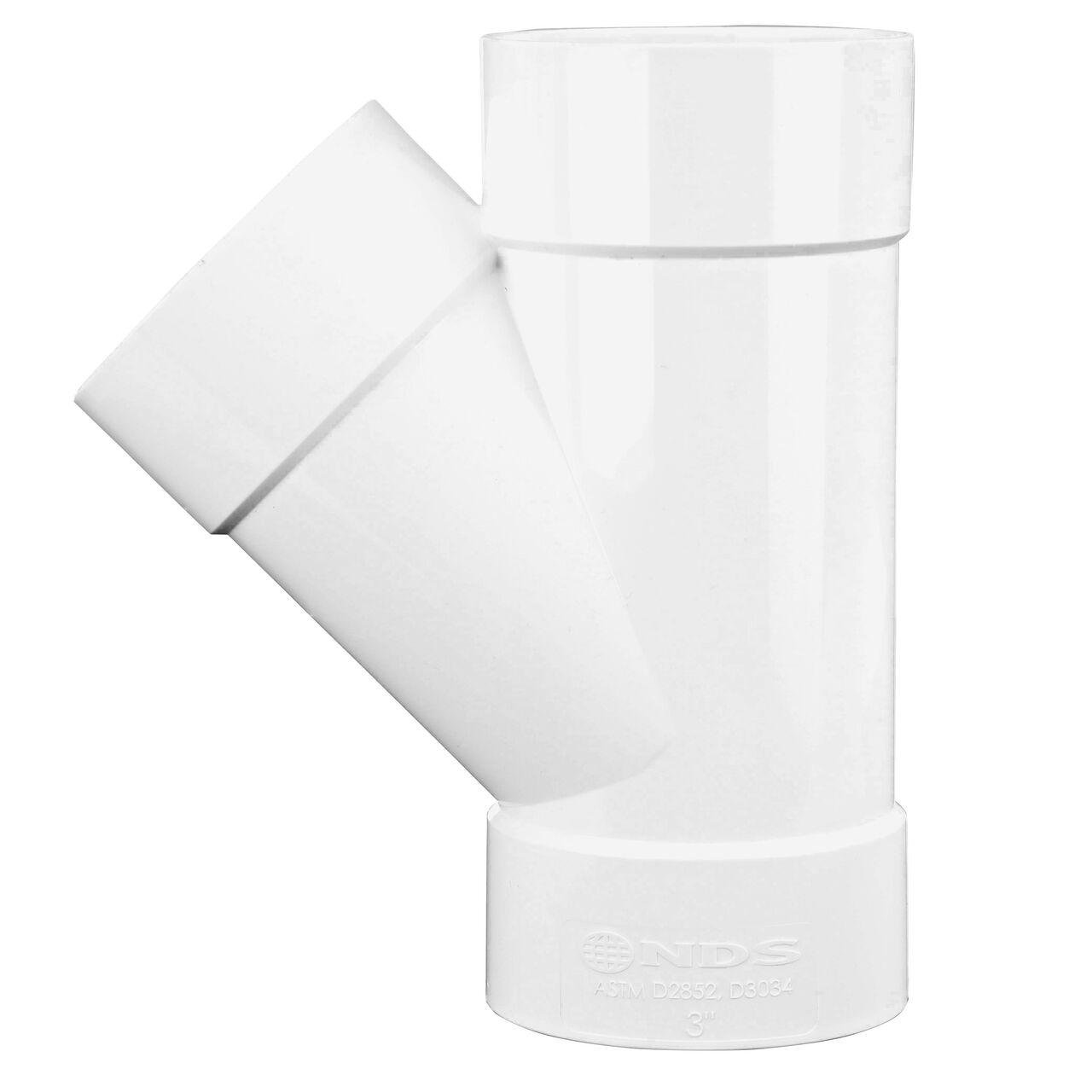 Vertical side view of the NDS 3 in. PVC Sewer and Drain 45° Wye (NDS 3P08*, NDS 3P08)