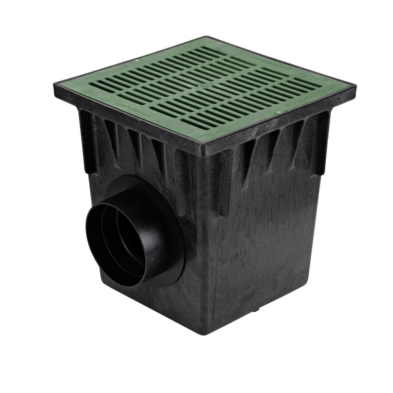 Plastic 18 in. Catch Basin Drain Kit (NDS 1882GRKIT) with a green grate (NDS 1812), adapter (NDS 1266) that connects to 6 in. drainage pipes, and plug (NDS 1206)