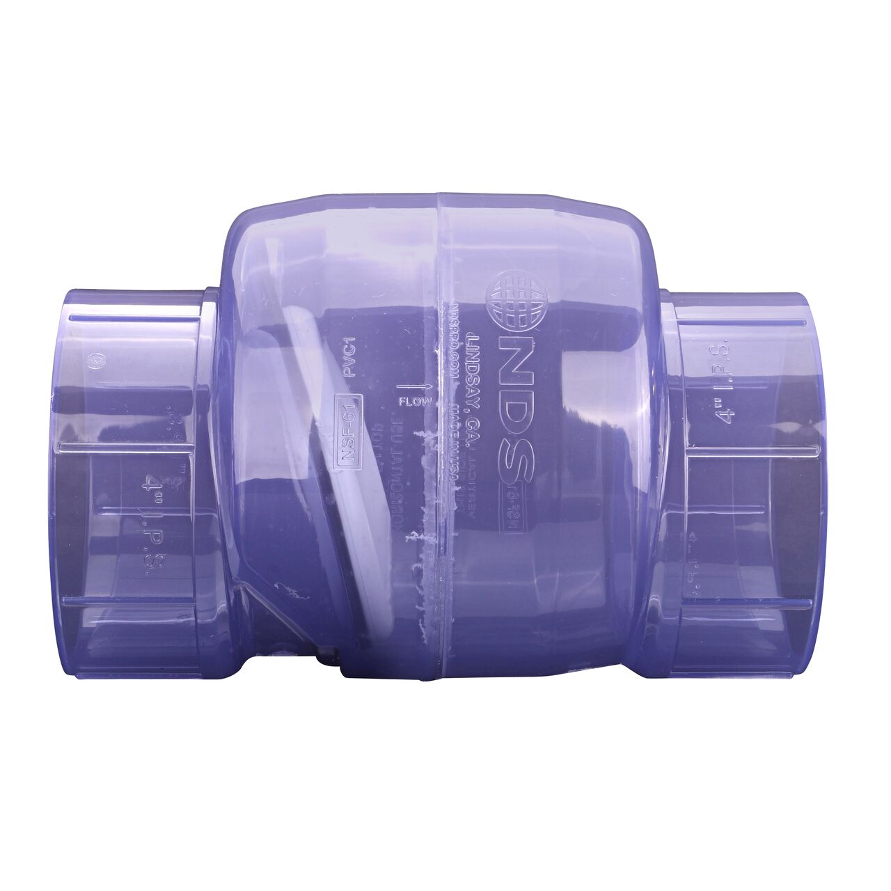 Side to side view of the NDS Clear 4 in. slip end by slip end PVC Swing Check Valve (NDS 1520C40) which prevents backflow in pipelines