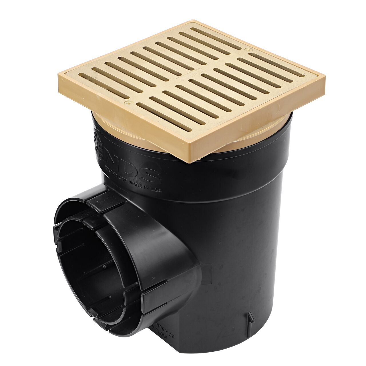 NDS Satin Brass and  plastic 6 in. Square Grate Fits Spee-D® Basin & 6 in. Drain Pipe & Fitting installed in 6 in Spee-D Basin (NDS 921B)