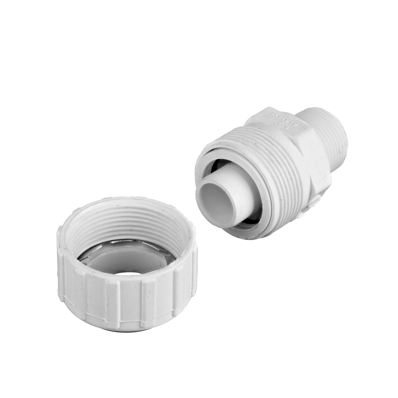 Unassembled NDS 1 in. SIDIR-7 MPT X 1 in. PE TS Flo-Lock™ Gripper Coupling for PE Pipe showing where the two ends come apart to secure the adapter to the pipe (NDS 830-10)