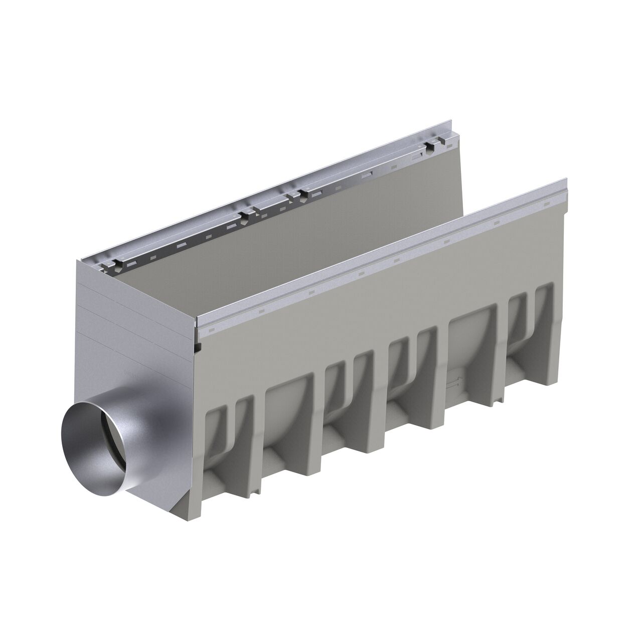 The galvanized steel BG-FILCOTEN® by NDS® 300 Trench Drain End Outlet (NDS 19030214) installed on the female interlocking end of the 12 in. BG-FILCOTEN® pro V 300 Trench Drain with Galvanized Steel Rails