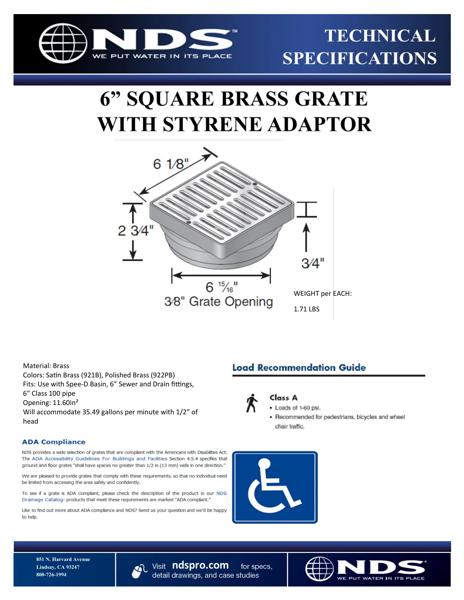 NDS 6 in. Square Brass Grate with Low-Profile Adapter Drain Tech Spec