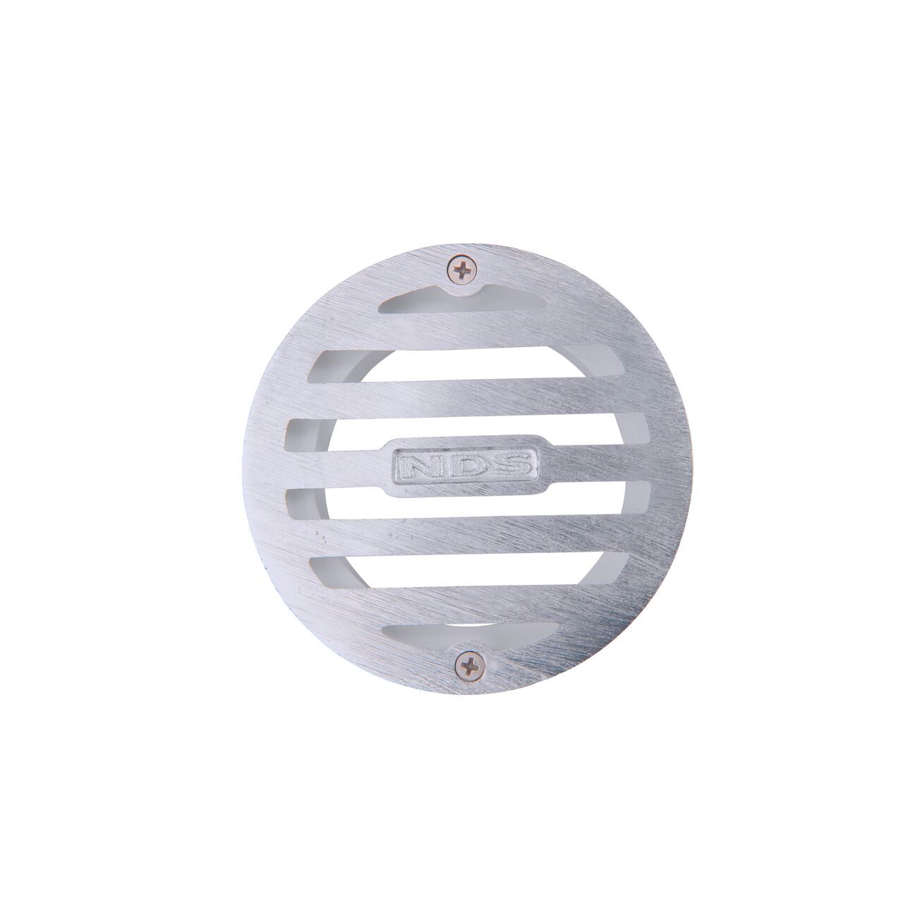 Top-down view of the NDS 3 in. Round Grate with Collar made of satin chrome and plastic (NDS 915SC*, NDS 915SC)