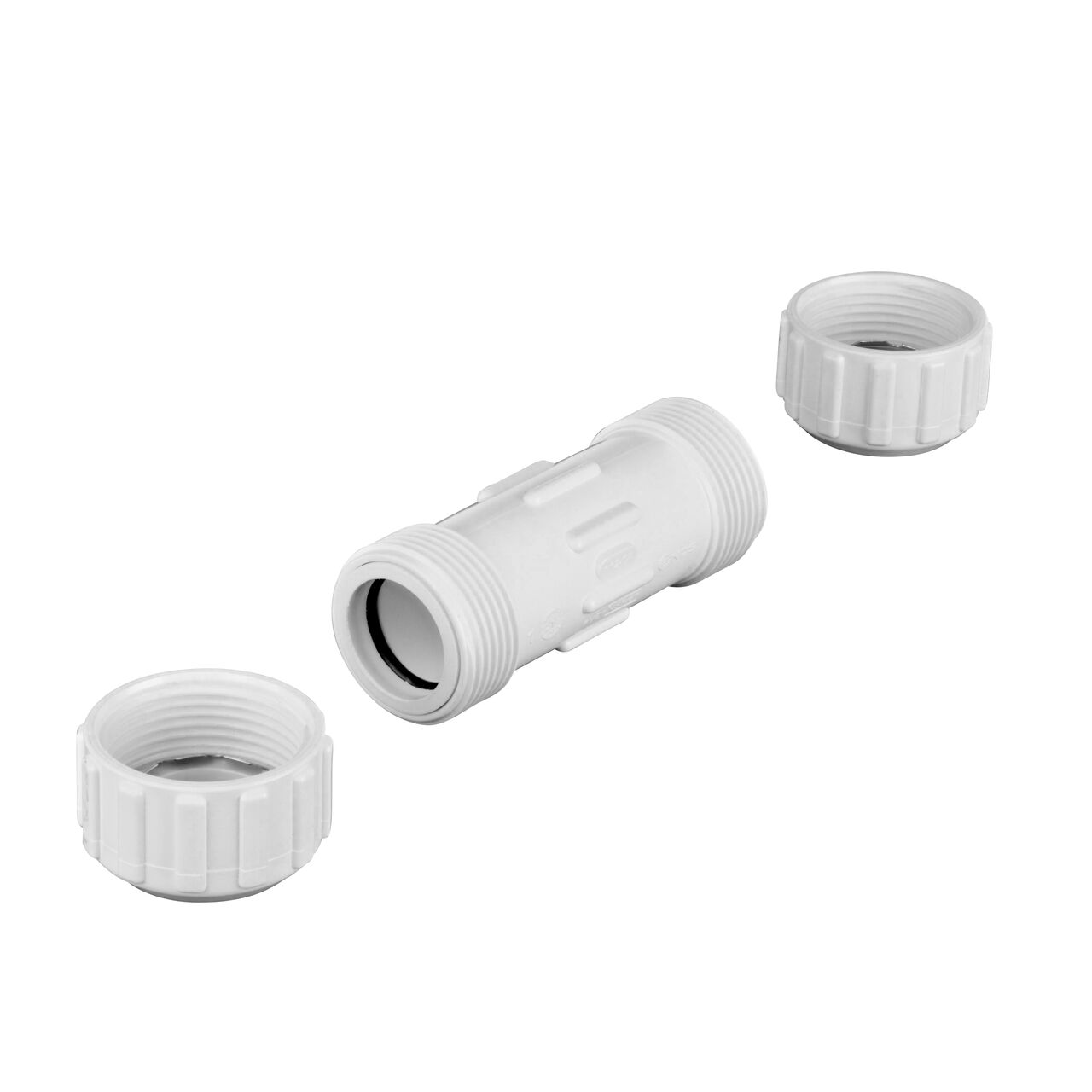 Unassembled NDS 3/4 in. Flo Lock PVC Gripper Coupling (NDS 112-07) showing where the two compression ends come apart to secure the coupling to the pipe