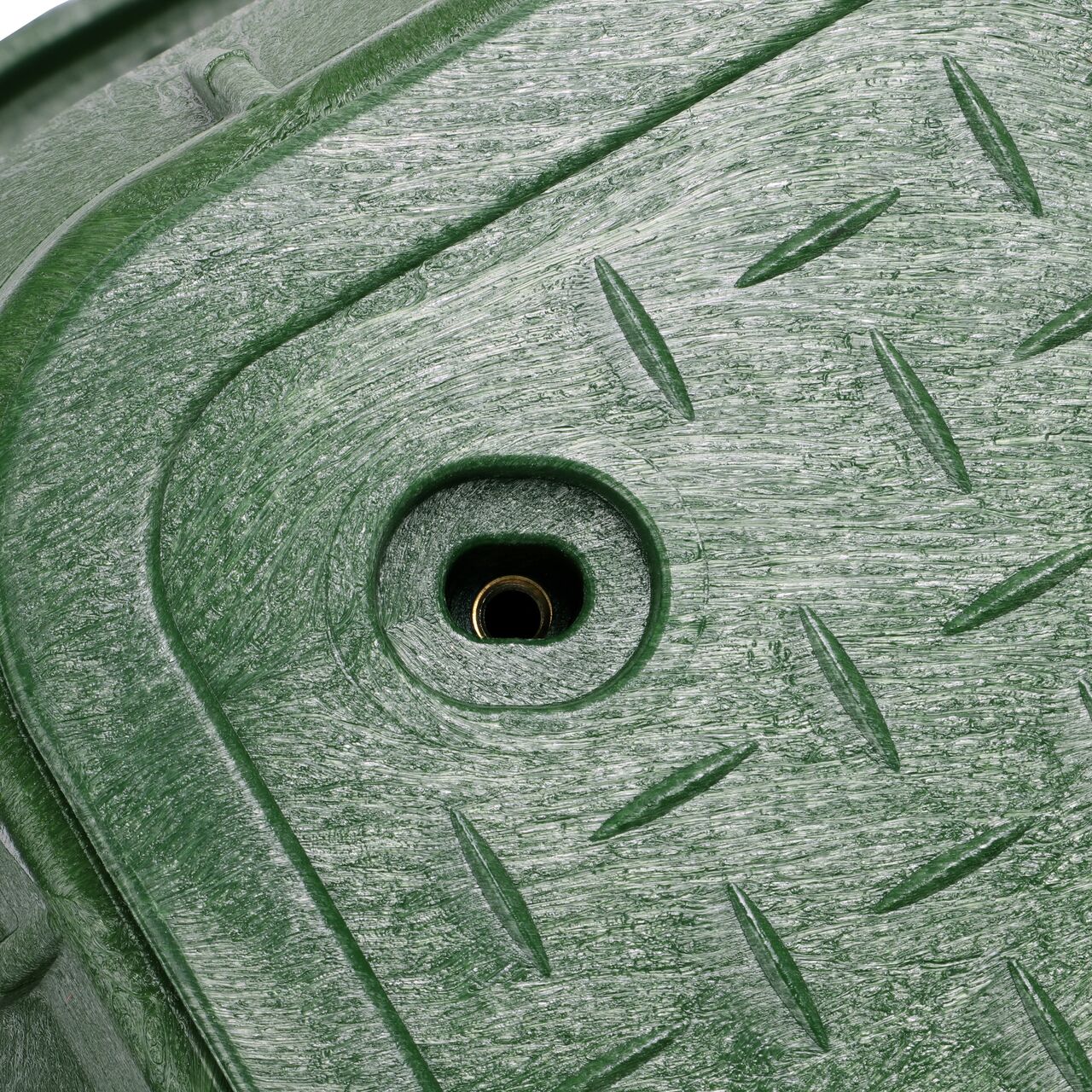 Align the bolt hole on the lid with the bolt hole from the NDS 13 in. X 24 in. Rectangular Pro-Spec® Series Green Box and Green Water Cover (NDS 321BCBW) for a secure fit