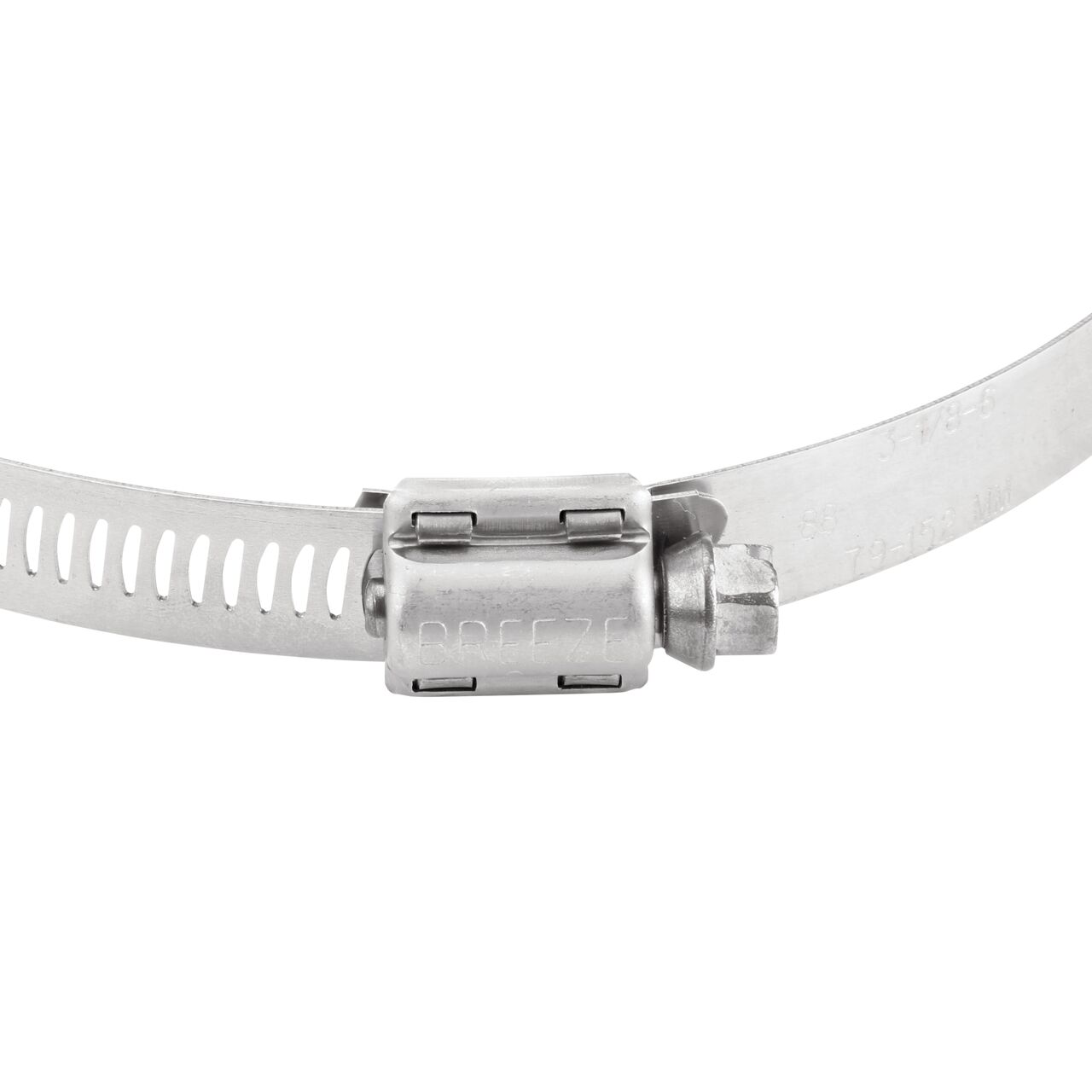 Closeup view of the two-piece clamp housing made of Series 300 Stainless Steel on the NDS SAE 88 Worm Drive Hose Clamp with Aero Seal 1/2 in. band width (NDS 64088H)