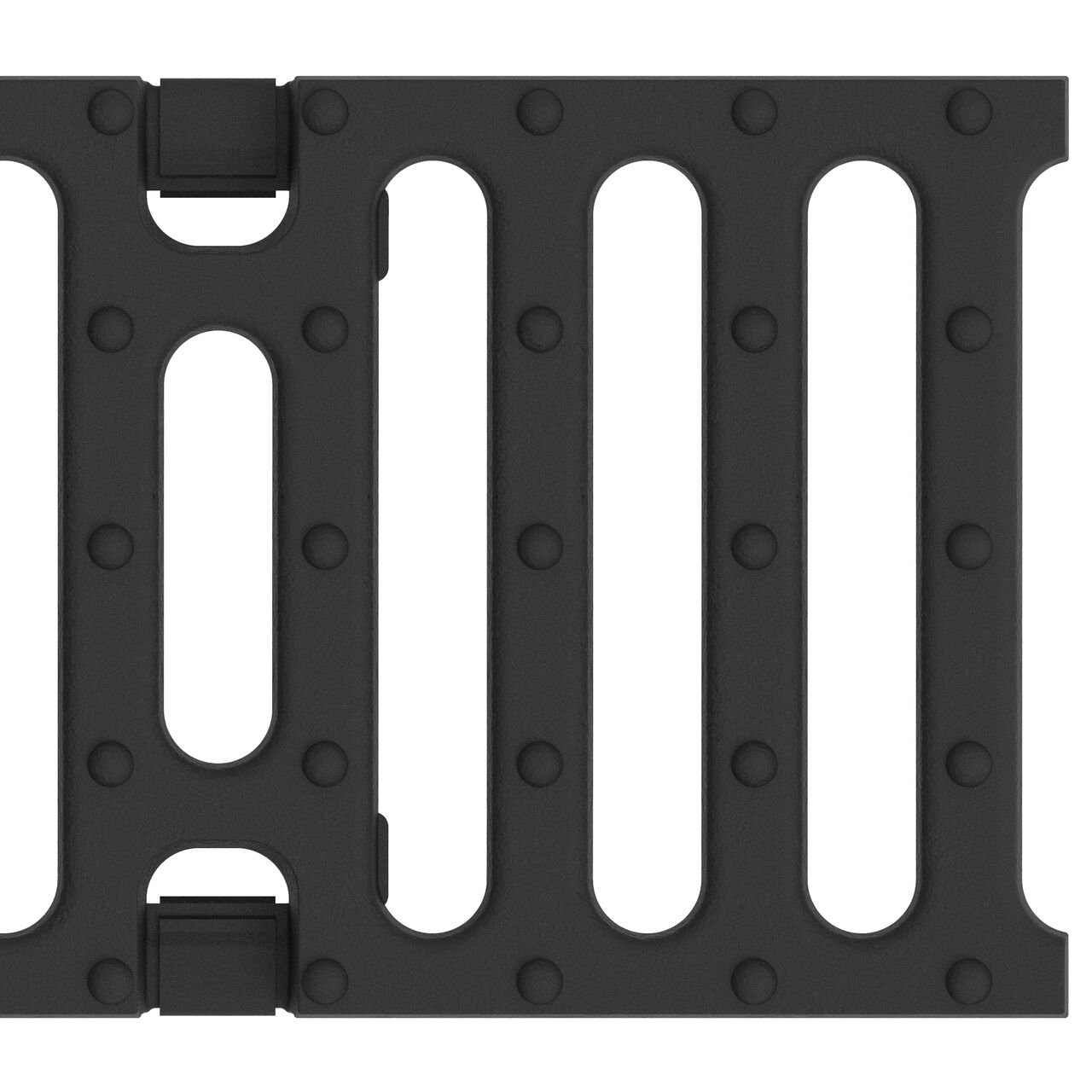 Closeup view of the end of the class E slotted ductile iron BG-FILCOTEN® 100 Trench Drain Grate (NDS 17010105) showing the edge and clips that secure to the channel trench drain