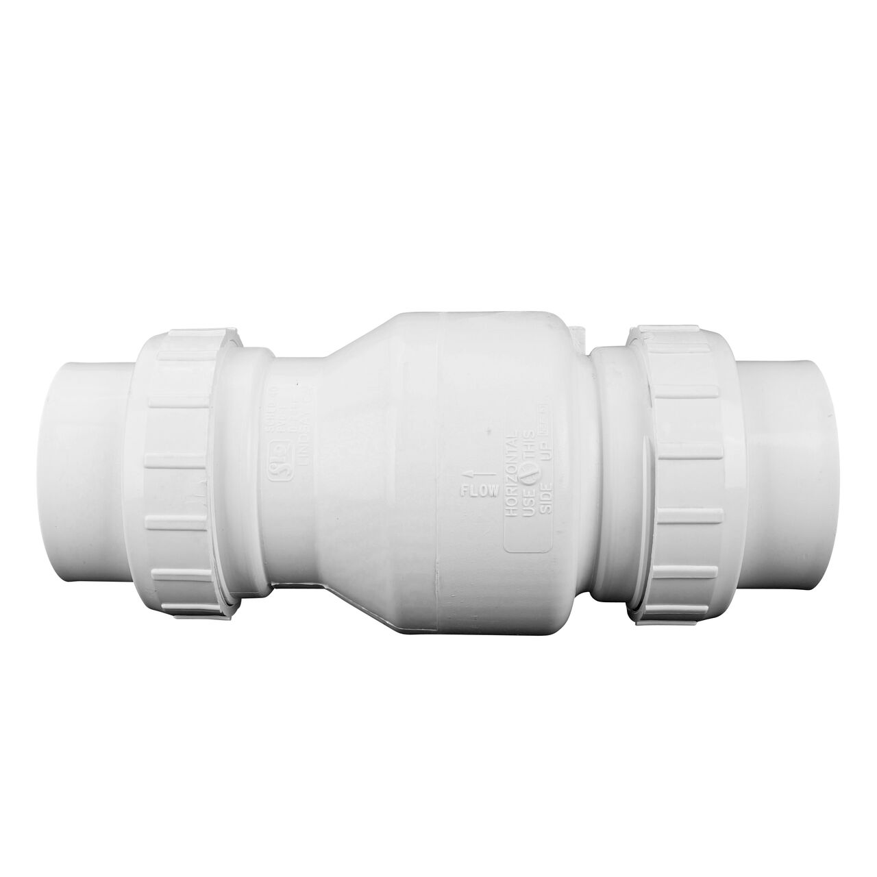 Side view of the NDS White 3 in. IPS PVC True Union Swing Check Valve (NDS  1720-30)