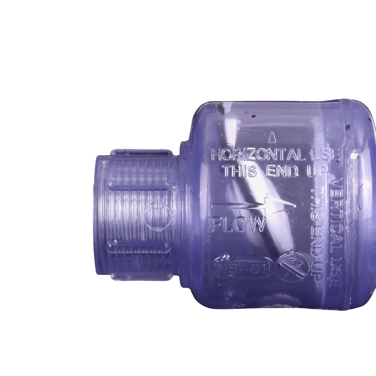 Closeup of the arrow showing water flow direction on the NDS Clear 1/2 in. female end by female end PVC Swing Check Valve (NDS 1520C05F)