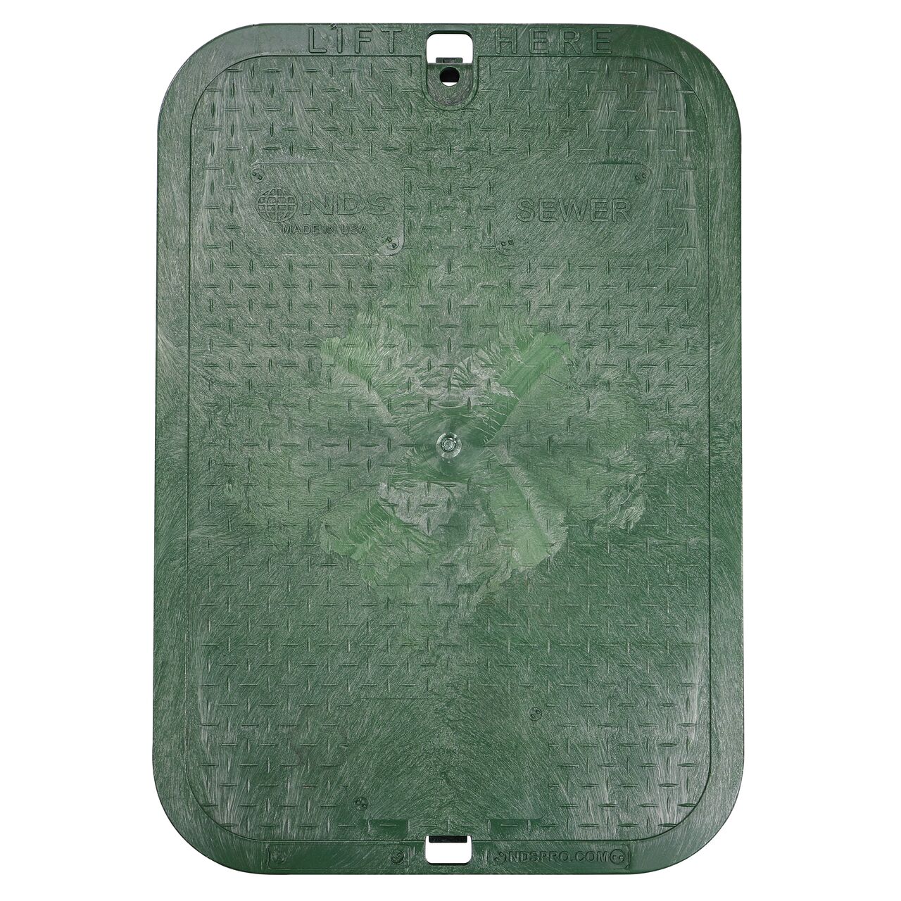 Top down view of the top side of the Green Sewer cover for the NDS 13 in. X 20 in. Rectangular Standard Series Jumbo Valve Box (NDS 117BCS) showing the Green Sewer markings