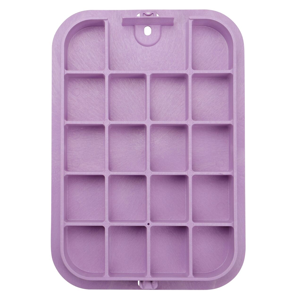 Top down view of the underside side of the Purple Reclaimed Water cover (NDS 313BCBR) for the NDS 14 in. X 19 in. Rectangular Pro-Spec® Series valve box, showing reinforcing ribs that are load rated to withstand pedestrian traffic and the rigors of lawn care equipment