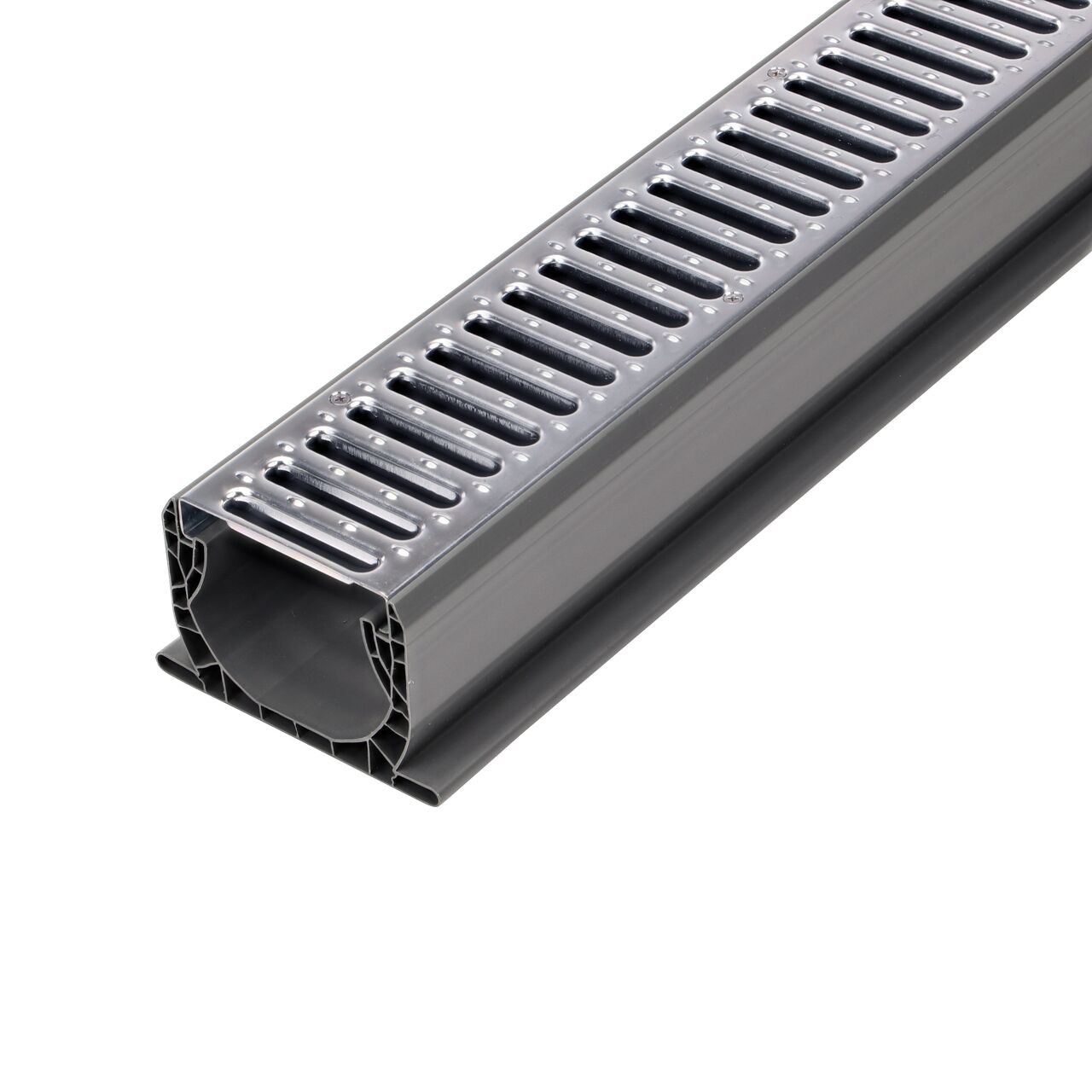 NDS Spee-D® Channel Drain Assembly with Channel & Prefastened Galv. Steel Grates (NDS 400-10MTL), for driveways, concrete patios, pool areas, and walkways. Channel drain is 10 feet long.