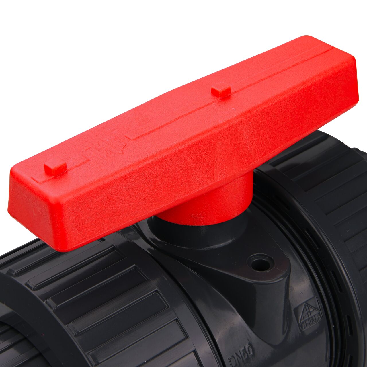 Closeup view of the easy to turn, two-sided handle on the 2 in. PVC Slip & Threaded True Union Ball Valve (NDS BTU-2000-E)