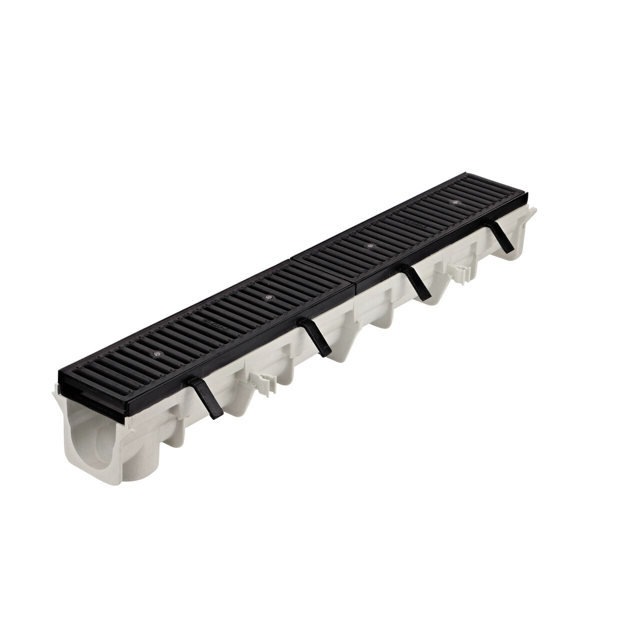 Two Cast Iron Dura Slope™ Channel Drain Grates installed on two Dura Slope™ Channel Drain Frames (NDS DS-200H) on a NDS Dura Slope Channel Drain (NDS DS-091) with the Dura Slope Spanner Head Screws (NDS DS-650) with male end facing camera