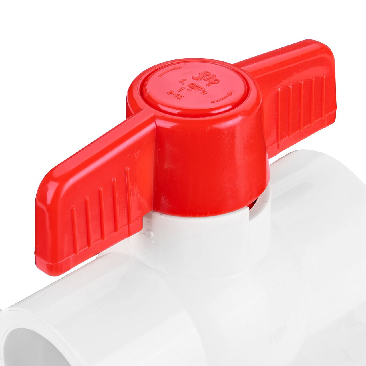 Closeup of the NDS CTS Ball Valve showing the handle that rotates two ways to control water flow (NDS E1310-10)