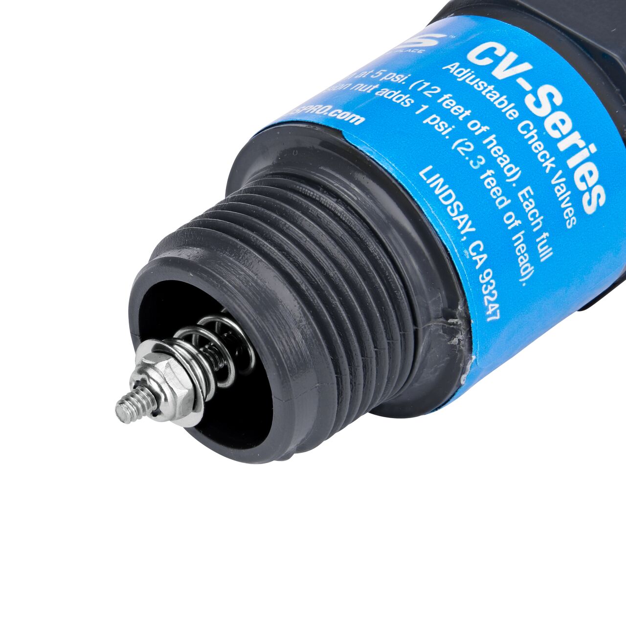 Closeup of MPT end with needle point spring on the NDS Gray 3/4 in. IPS MPT X FPT PVC Adjustable Inline Spring Check Valve (NDS CV-0750-MF)